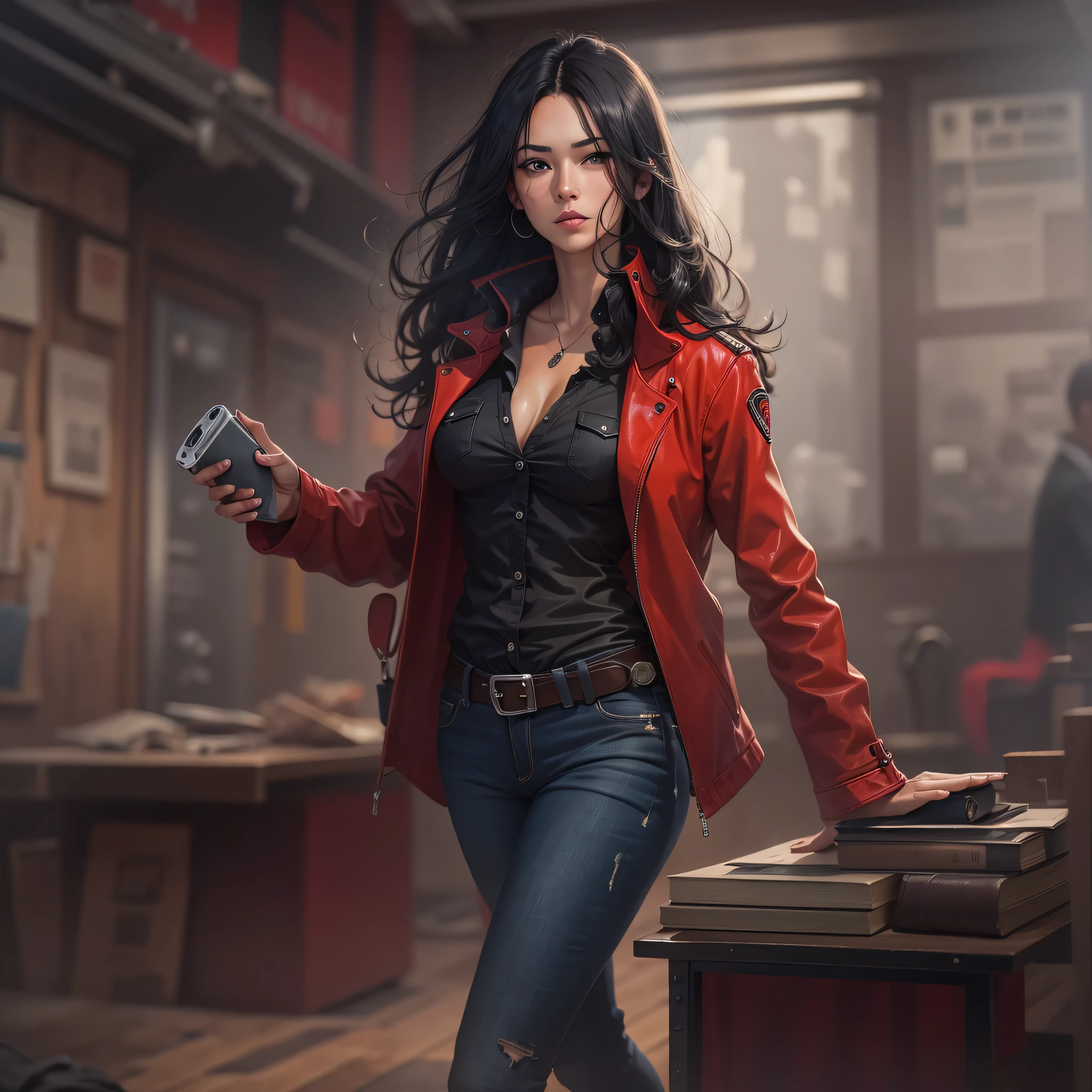 female detective, jeans, black shirt, red jacket, flowing black hair