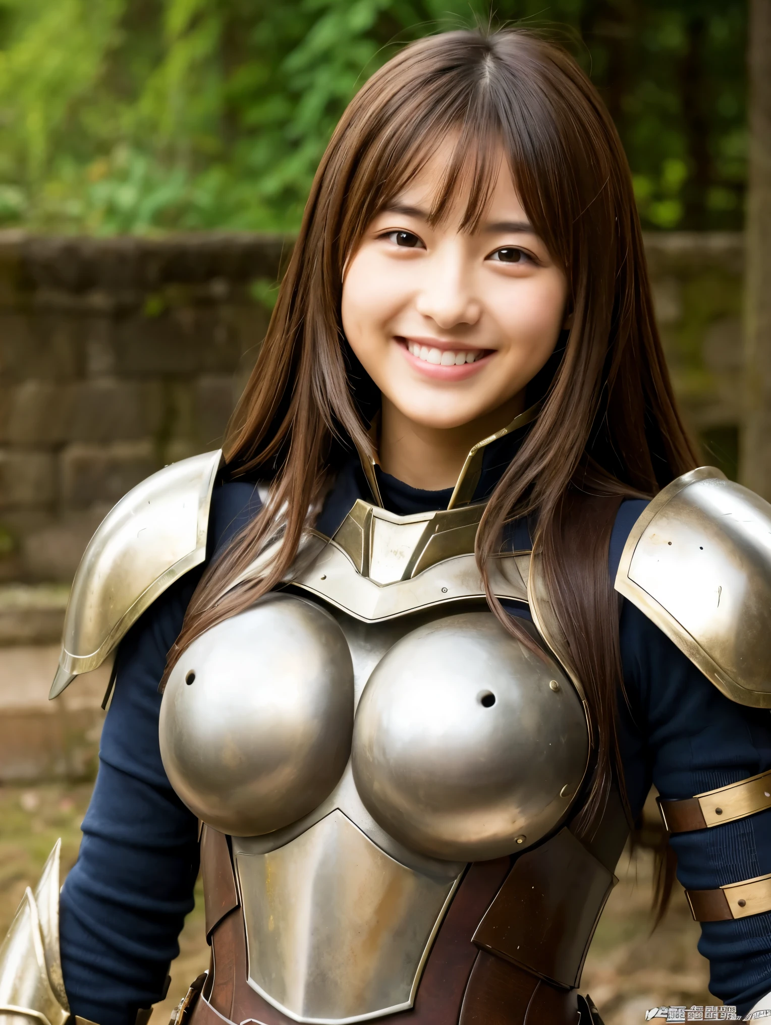 highest quality,best image,Japanese,big breasts,long brown hair,beautiful girl,armor,smile
