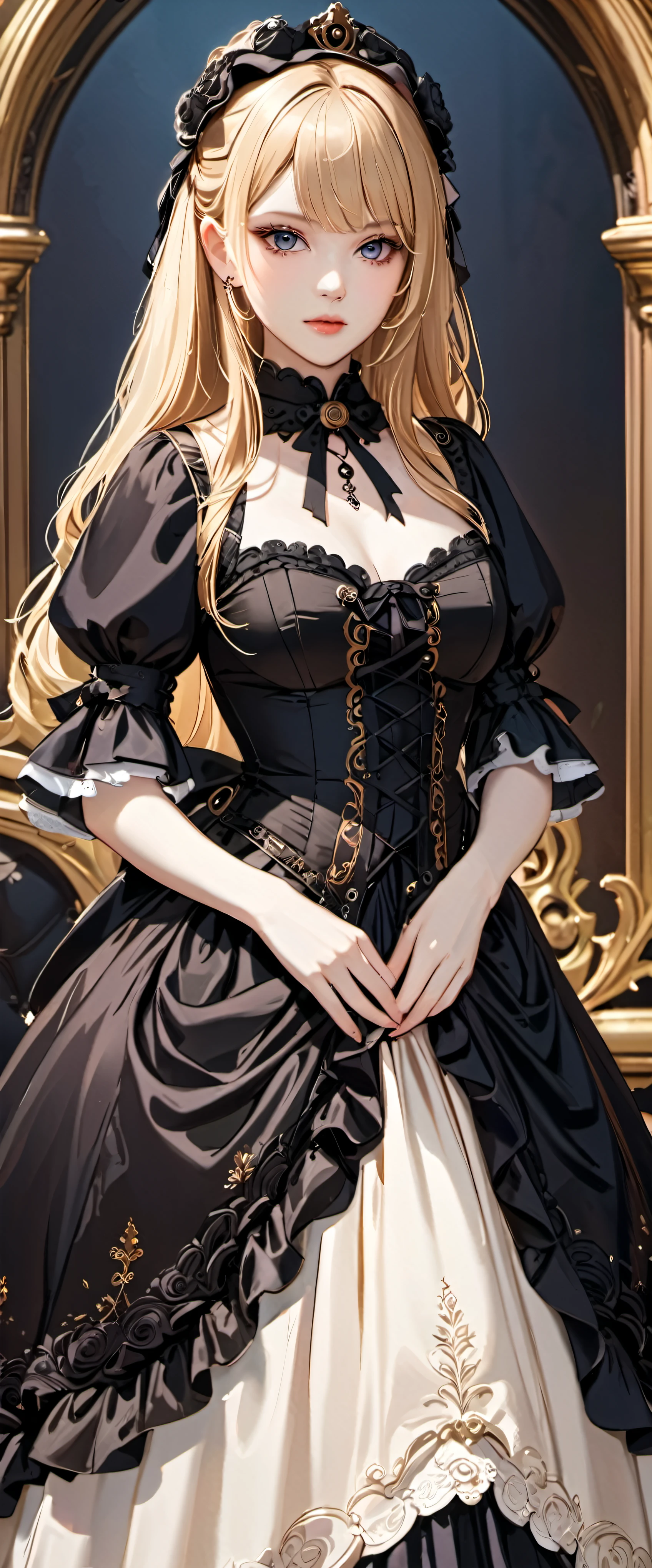woman wearing dress and boots , baroque dress, wearing a detailed steampunk dress, elegant gothic princess, victorian gothic ta fashion, historical baroque dress dark, black gothic loliress, fantasy style clothing, rococo dress, black rococo, fantasy costume, wearing a gothic dress, romantic dress, gothic dress,blonde,,(((upper body portrait)))