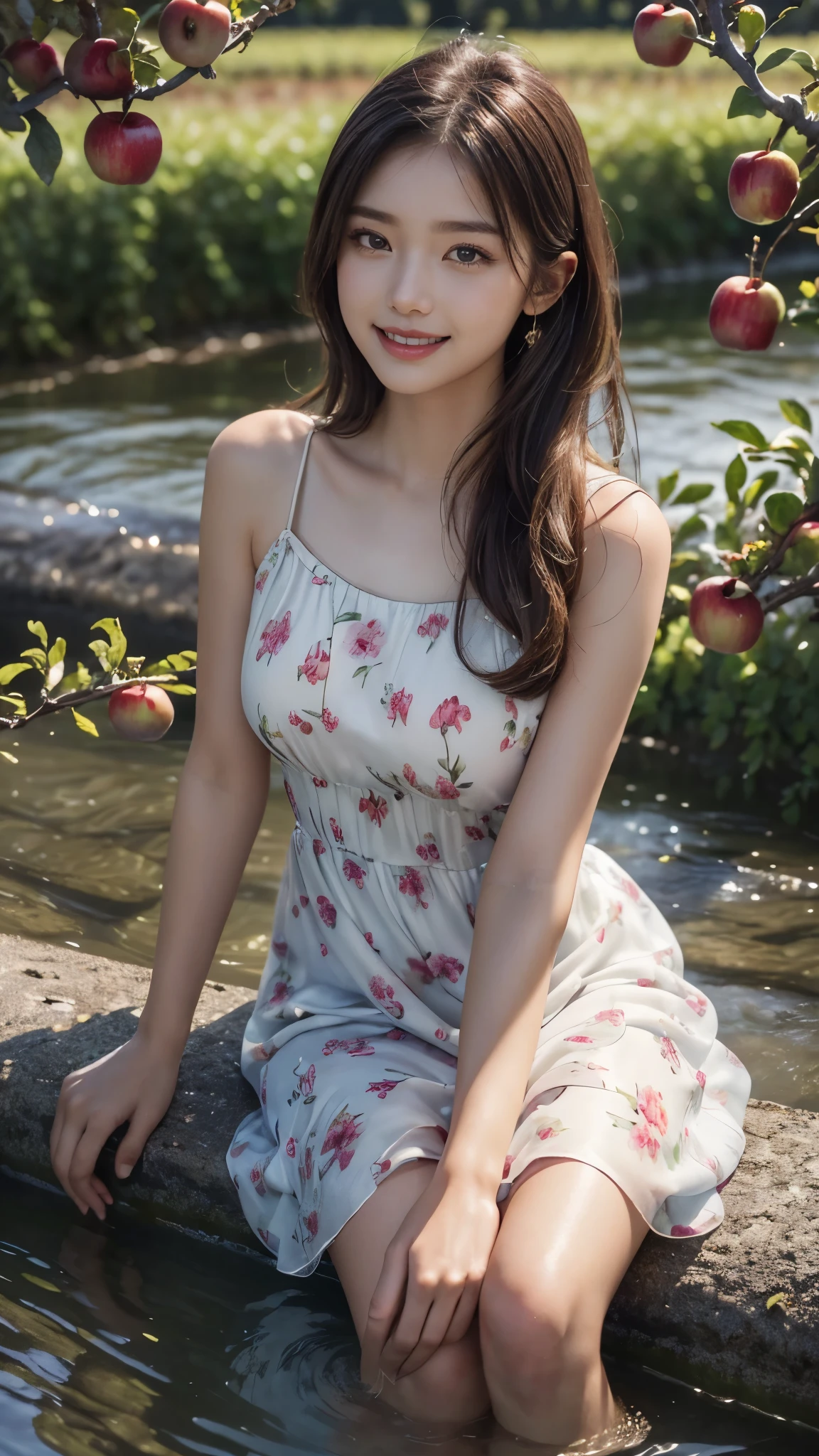 8k, masterpiece, RAW photo, best quality, photorealistic, extremely detailed CG unity 8k wallpaper, Depth of field, Cinematic Light, Lens Flare, Ray tracing, (extremely beautiful face, beautiful lips, beautiful eyes), intricate detail face, ((ultra detailed skin)) 1girl, in the dark, deep shadow, pretty Asian girl, idol, 1 girl, (very slim slender fit-muscled body:1.3), ((looking at viewer)),((big smile:1.3)), (best quality,ultra-detailed,realistic:1.37),portraits,beautiful young girl,youthful female model,riverbank and ((rocks)),Sweet girl clothes4, ((Silky Kukombo Floral Chiffon Dress)), ((flowers on ilky Kukombo Floral Chiffon Dress)), jewelry, Sitting in a waterfall and apple orchards, sitting posture, ((Sitting on apple Orchards)), drenched all over,masterpiece,extremely detailed description,super fine painting,detailed face,slim figure, sexy angles, ((Stylish angles)), medium legs,playing in the water,smiling,bright smile, ((River water floting on Middle of apple orchards)),((too many apples in orchards)), ((Apple trees in river)), ((many apple trees in river)), ((Full apple's in apple trees)), ((more and more apples in trees)), ((Many apple's floting in river water)), ((apple orchards)), Many Red apples in orchards)),