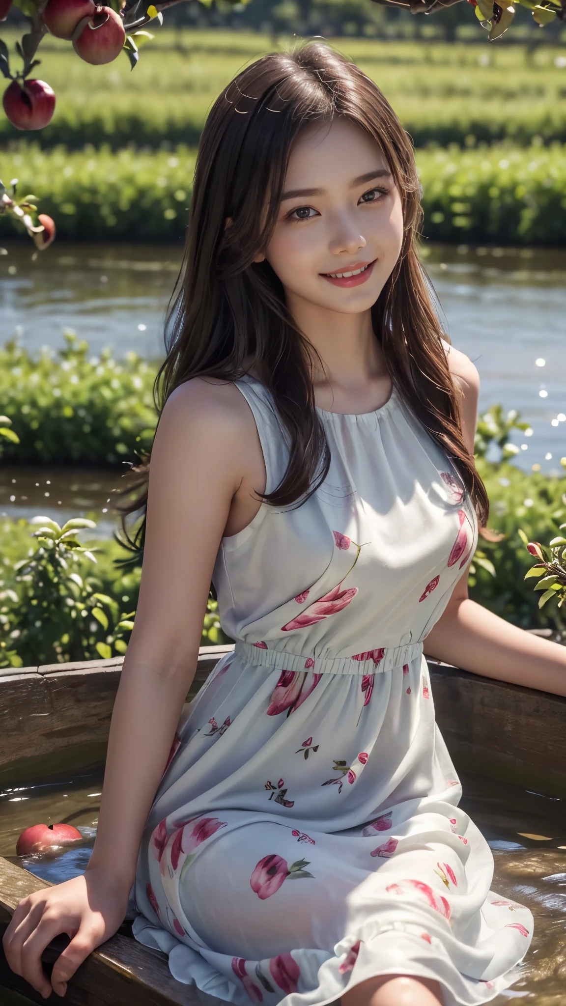 8k, masterpiece, RAW photo, best quality, photorealistic, extremely detailed CG unity 8k wallpaper, Depth of field, Cinematic Light, Lens Flare, Ray tracing, (extremely beautiful face, beautiful lips, beautiful eyes), intricate detail face, ((ultra detailed skin)) 1girl, in the dark, deep shadow, pretty Asian girl, idol, 1 girl, (very slim slender fit-muscled body:1.3), ((looking at viewer)),((big smile:1.3)), (best quality,ultra-detailed,realistic:1.37),portraits,beautiful young girl,youthful female model,riverbank and ((rocks)),Sweet girl clothes4, ((Silky Kukombo Floral Chiffon Dress)), ((flowers on ilky Kukombo Floral Chiffon Dress)), jewelry, Sitting in a waterfall and apple orchards, sitting posture, ((Sitting on apple Orchards)), drenched all over,masterpiece,extremely detailed description,super fine painting,detailed face,slim figure, sexy angles, ((Stylish angles)), medium legs,playing in the water,smiling,bright smile, ((River water floting on Middle of apple orchards)),((too many apples in orchards)), ((Apple trees in river)), ((many apple trees in river)), ((Full apple's in apple trees)), ((more and more apples in trees)), ((Many apple's floting in river water)), ((apple orchards)), Many Red apples in orchards)),