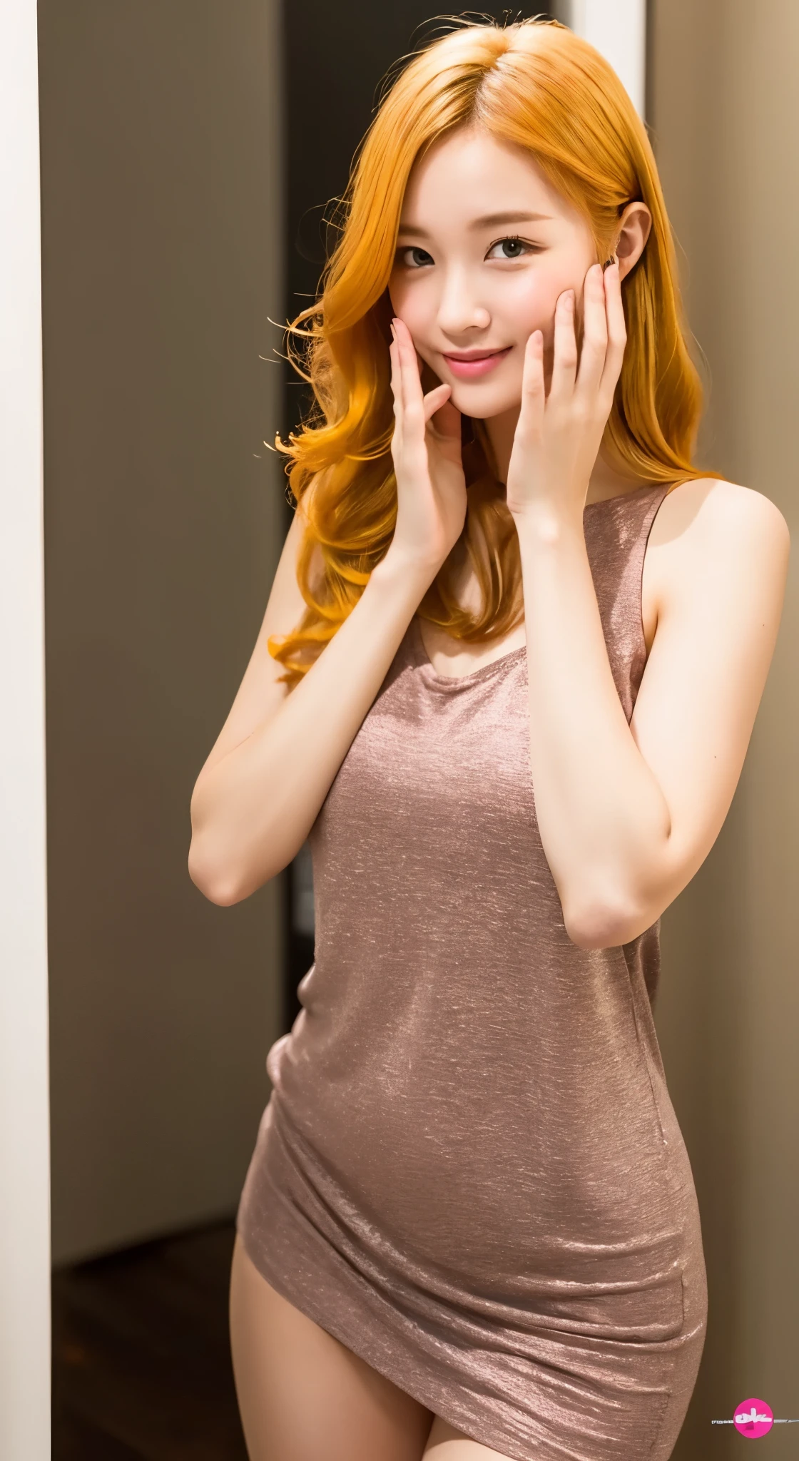 Nsfw、nude、No clothes、(((1 girl))), ((((alone)))), ((messy hairstyle)), stand and take a photo, (((reddish yellow hair)), red eyes、shy smile、((Put your hand over your mouth to hide your embarrassment))、blush