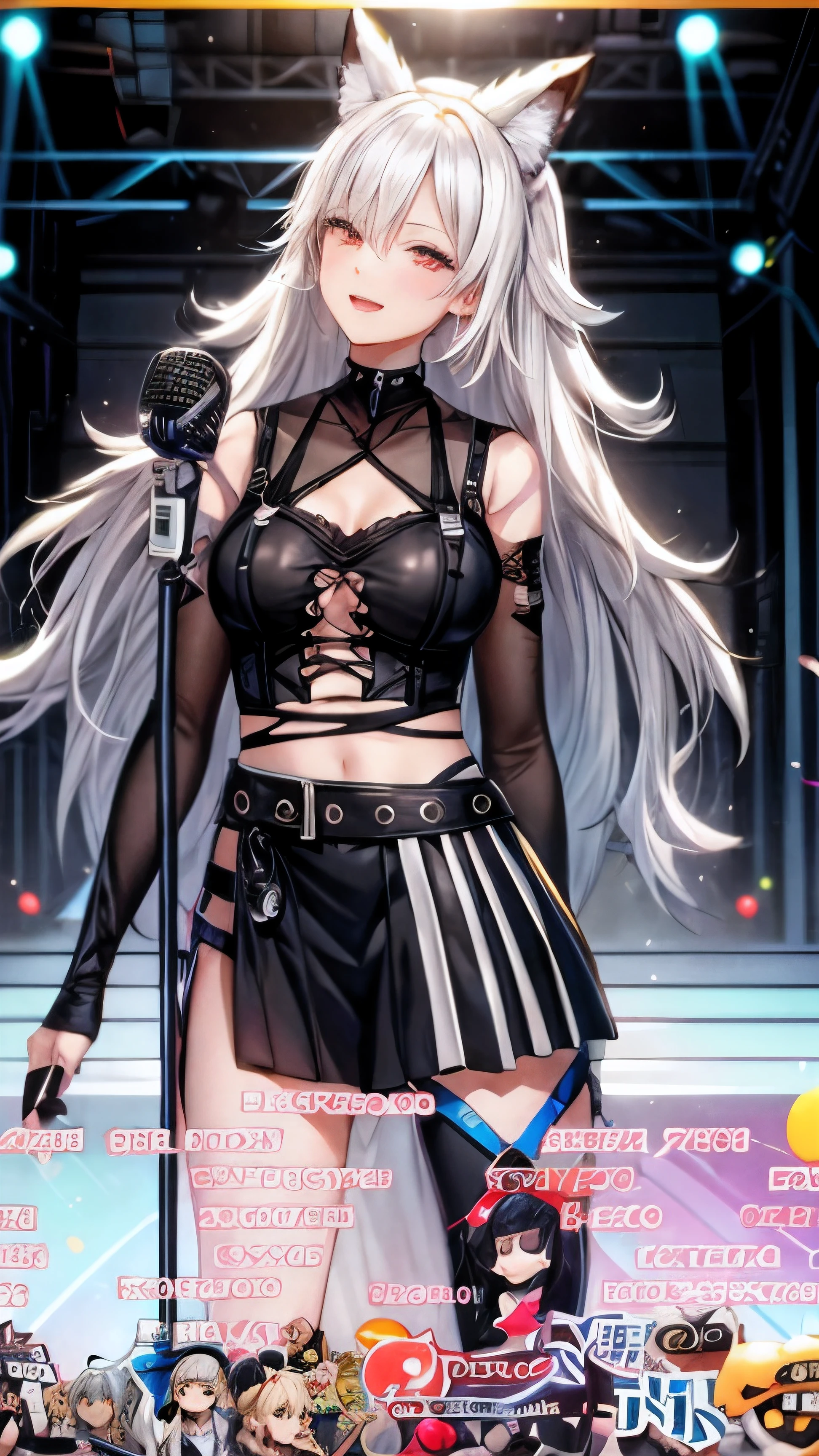 anime girl in a black outfit with a microphone and microphone, virtual model of youtuber live2d, Anime VTuber Full Body Model, Tifa Lockhart with white hair, Girls at the forefront of the universe, from girls on the front line, The perfect white-haired girl, from the video game Azur Lane, my dressy anime, Expensive, girls at the forefront style, visual novel cg, small parts. Girls are foxes and on the front line, Fox ears, 2 hands, sexy, gasped, ahegao, full length, full body, Full body