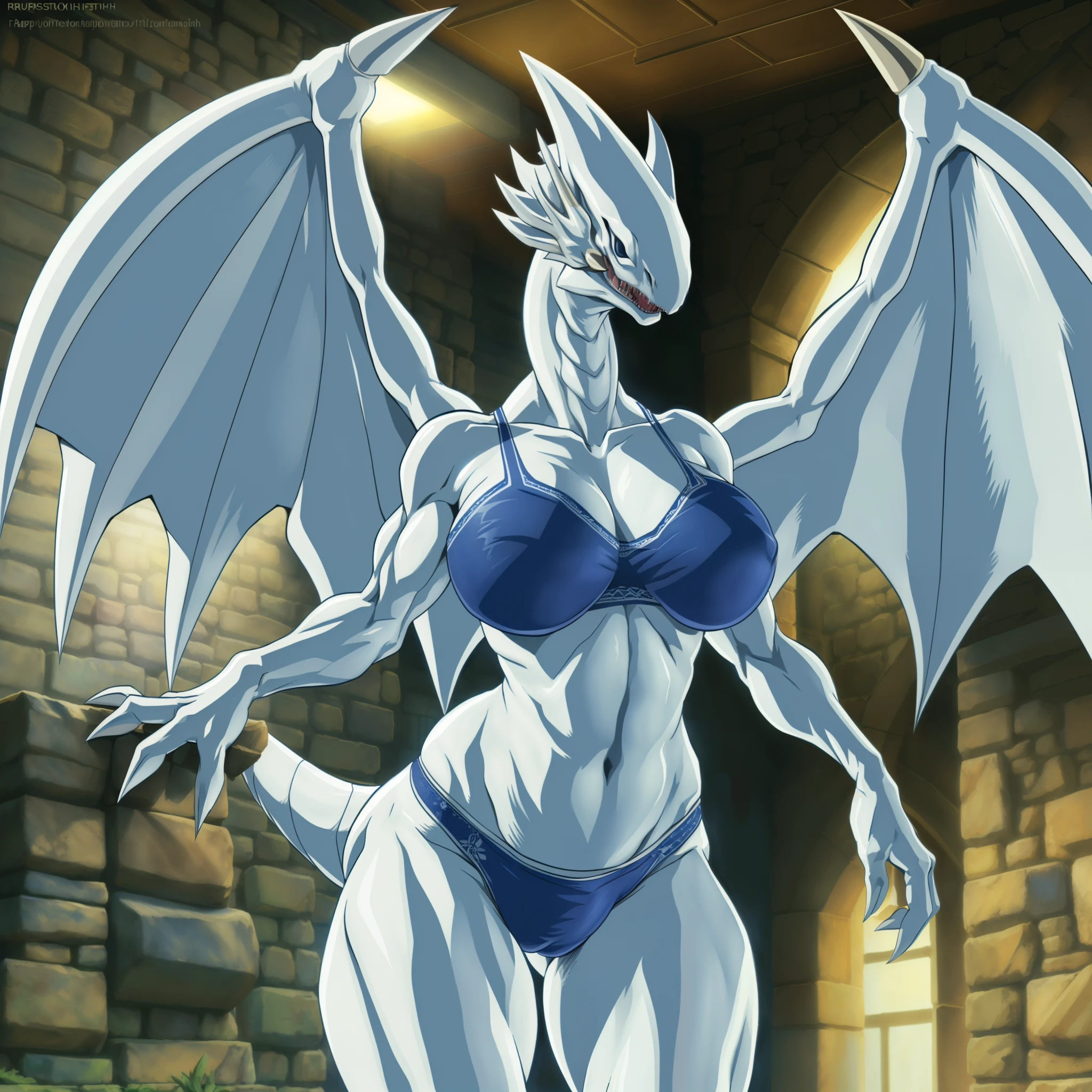 TakahiroKagami, 8k, fine details, masterpiece, hd, (ultra detailed), a beautiful and detailed full size portrait of a female (muscle, dragon jaw, large wings), anthro dragon, bewdragon, blue eyes, empty eyes, clawed_fingers, big body, (((white body, white skin))), goddess, non-mammal breasts, big body, , goddess, wide hips, kenket, Ross Tran,ruan jia, trending on artstation,foxovh, cenematic lighting, detailed background,, (((happy))), stone wall, standing, open legs, covering self, big , big , big , blue navy bra, blue navy panties,
