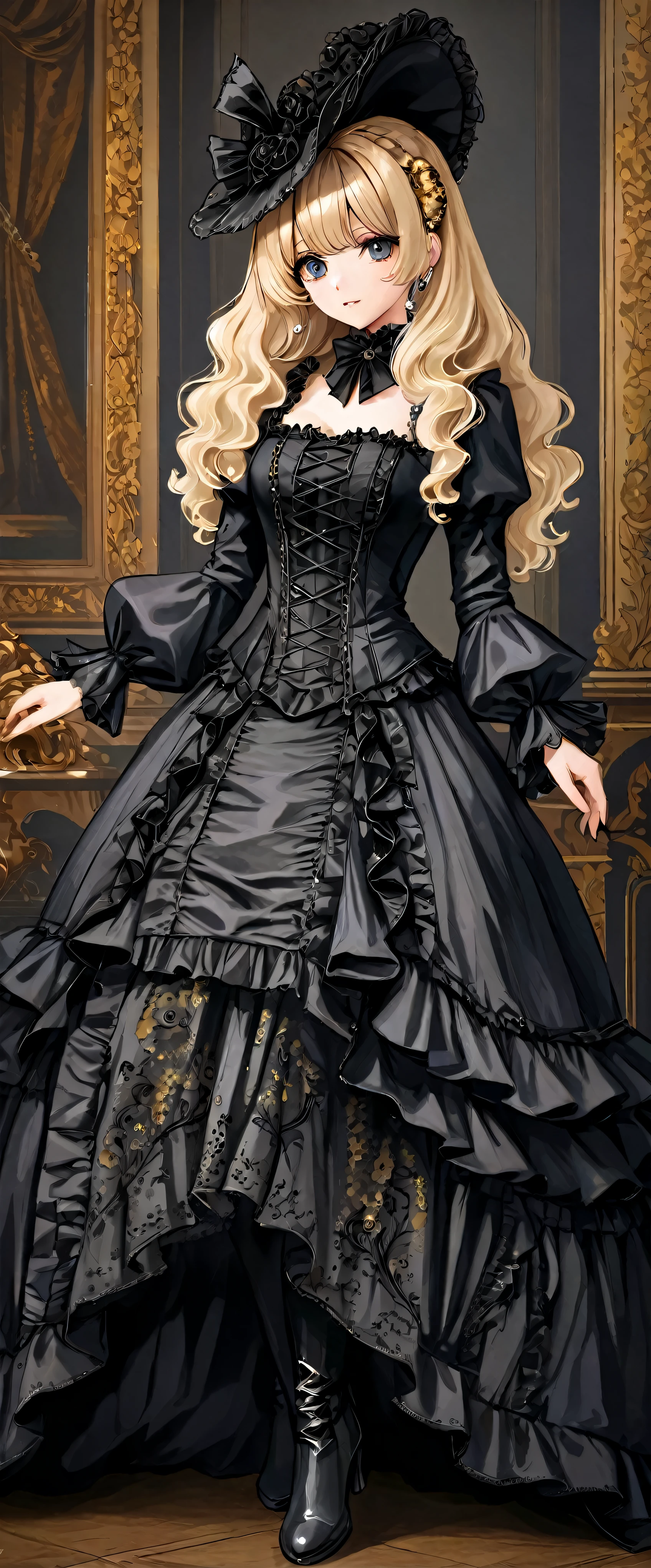 woman wearing dress and boots , baroque dress, wearing a detailed steampunk dress, elegant gothic princess, victorian gothic lolita fashion, historical baroque dress dark, black gothic lolita dress, fantasy style clothing, rococo dress, black rococo,  fantasy costume, wearing a gothic dress, romantic dress, gothic dress,blonde,,(((upper body portrait)))