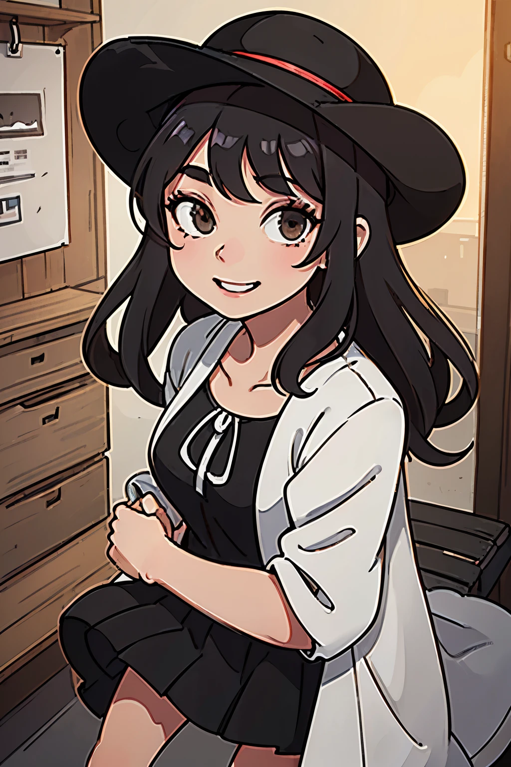 mexican woman、hair color is black、Hair length is semi-long、brown skin、Hairstyle is straight、Attractive smile、bright personality、adult atmosphere、Height: 165cm、、black dress、Shoes Sandals、Summer hats、professional lighting、very detailed、Super detailed8K、An illustration、Close-up、high resolution、Eye color is black brown、estonia、Tallinn square、daytime