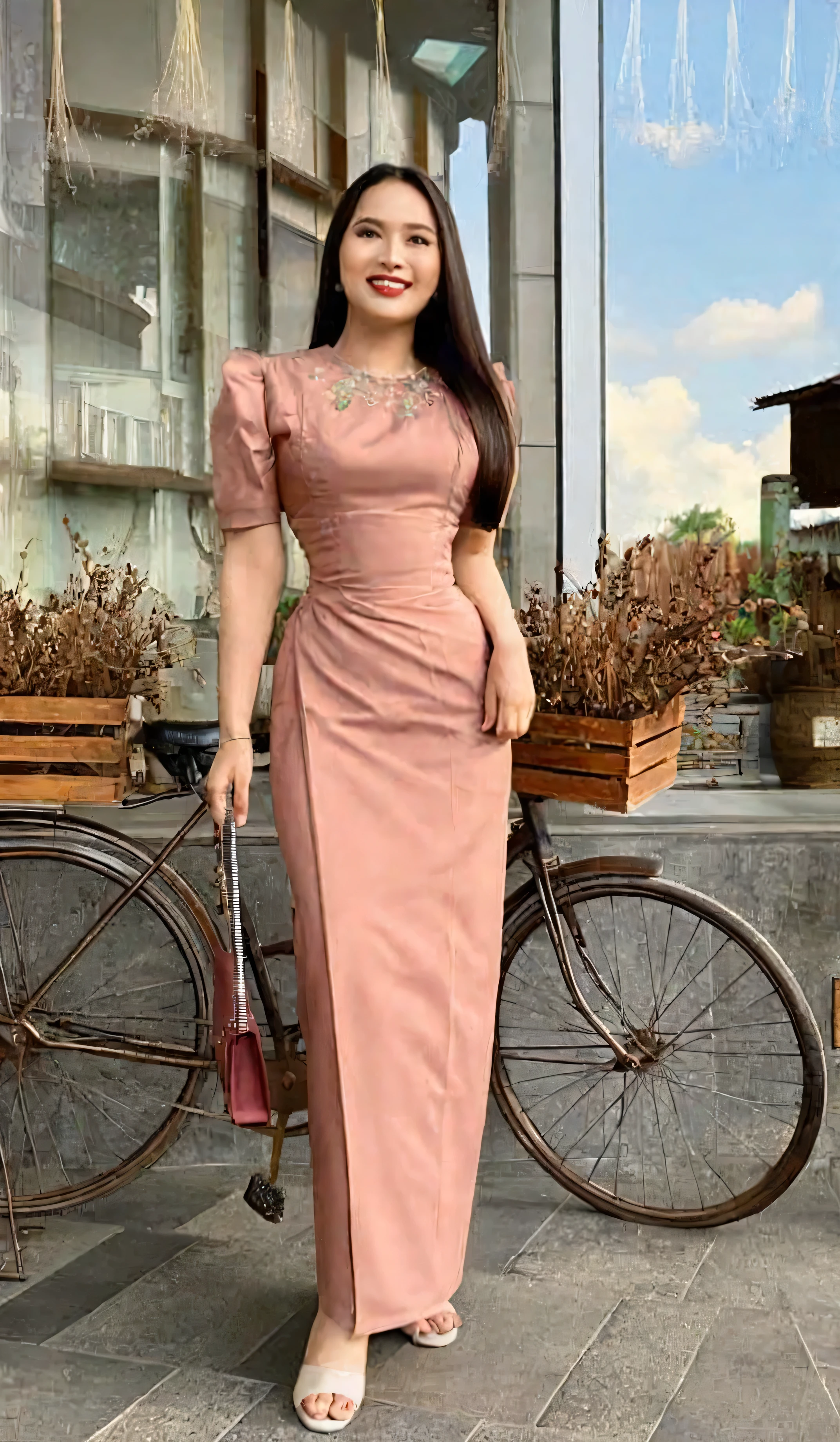 a close up of a woman in a Myanmar dress standing near a table, myanmar woman, acmm ss outfit, lovely woman, traditional beauty, an asian woman, wearing beautiful clothes, a young asian woman, high quality image, wearing an elegant tribal outfit, A realistic three-dimensional render of an elegant lady with brown hair,Burmese girl;