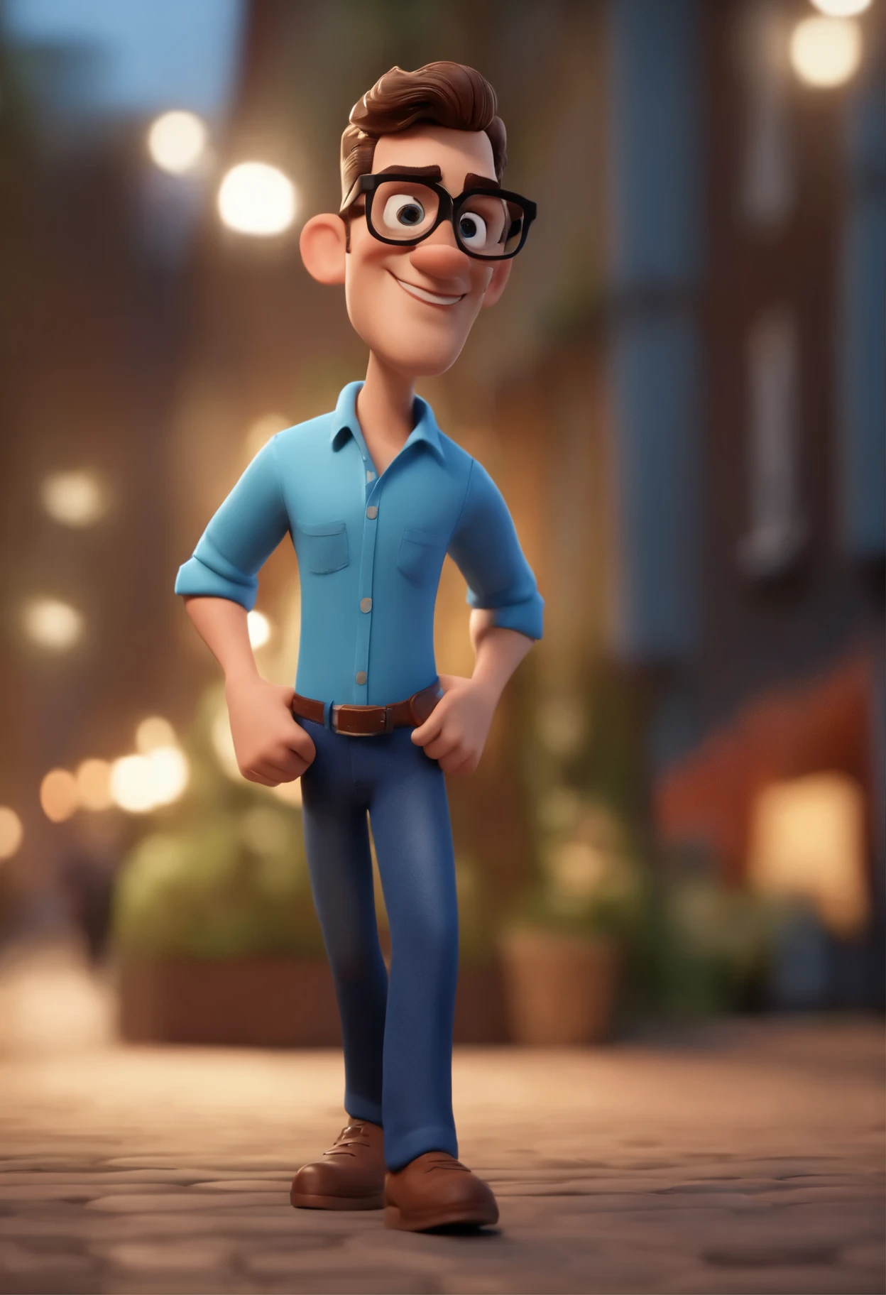 Cartoon character of a man in black glasses and blue shirt, um personagem animado, Caractere estilizado, animation style rendering, 3D estilizado, Arnold Maya rendering, Stylized 3D rendering, toon render screenshot, Personagem 3D, Personagem 3D, Stylized 3D rendering, 3D character rendering, personagem de desenho animado, Personagem de close up, Pose de personagem, (Estilo Pixar) (parte mestre:1.2) (Bokeh) (Melhor qualidade) (pele detalhada) (textura detalhada) (8k) (argila) (cinematic lighting) (sharp focus，Senta e vaza a parte superior do corpo