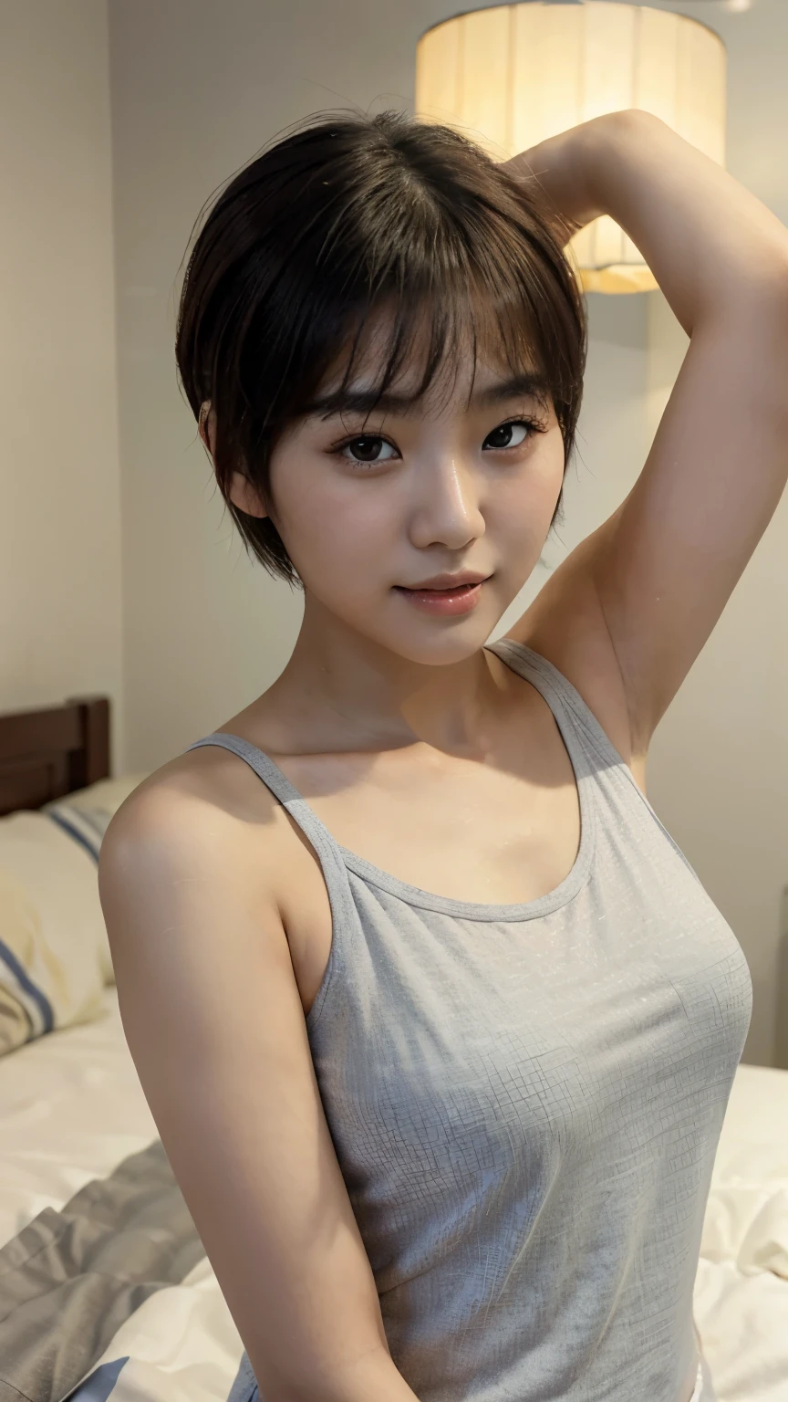Chinese girl (17 ylfies, inside a room, night time ((best quality)), ((masterpiece)), (detailed), perfect face, ((white bed with gray walls, lamp turn off))((short hair, chubby face, asian, Chinese girl)) close up selfie, Close-up of a woman in a white tank top posing for a photo, chinese girl, gorgeous young Chinese woman, beautiful Chinese woman, beautiful young chinese woman, Cute girl - well-groomed face, young adorable korean face, face of young cute asian man, Nam Jae Young, That's a cute Korean face, nice delicate face, Ulzzang, cute - well-groomed - face, smiles, squint eyes