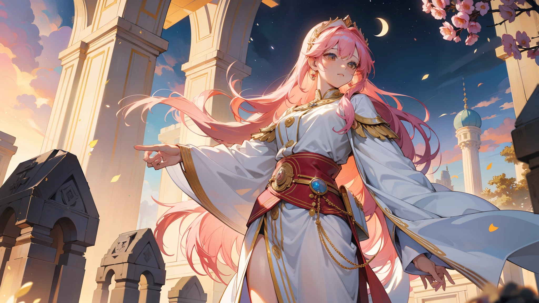 「Yab-Yum」In the breathtakingly detailed and ultra-high-resolution artwork, a magnificent statue of the great Roman emperor Constantine I stands tall. The statue's imposing presence is softened by the delicate figure of a cute girl from the Land of the Rising Sun, who lovingly snuggles up to the emperor's head. Their connection transcends the boundaries of faith and religion, radiating a love so powerful and pure that it becomes a microcosm of the universe itself. 

The scene unfolds in a tranquil setting, where a marble floor serves as the canvas for a mesmerizing display of colorful ores, diamonds, morganites, Kunzites, rose quartz, Inca Roses, and rhodochrosites. These precious