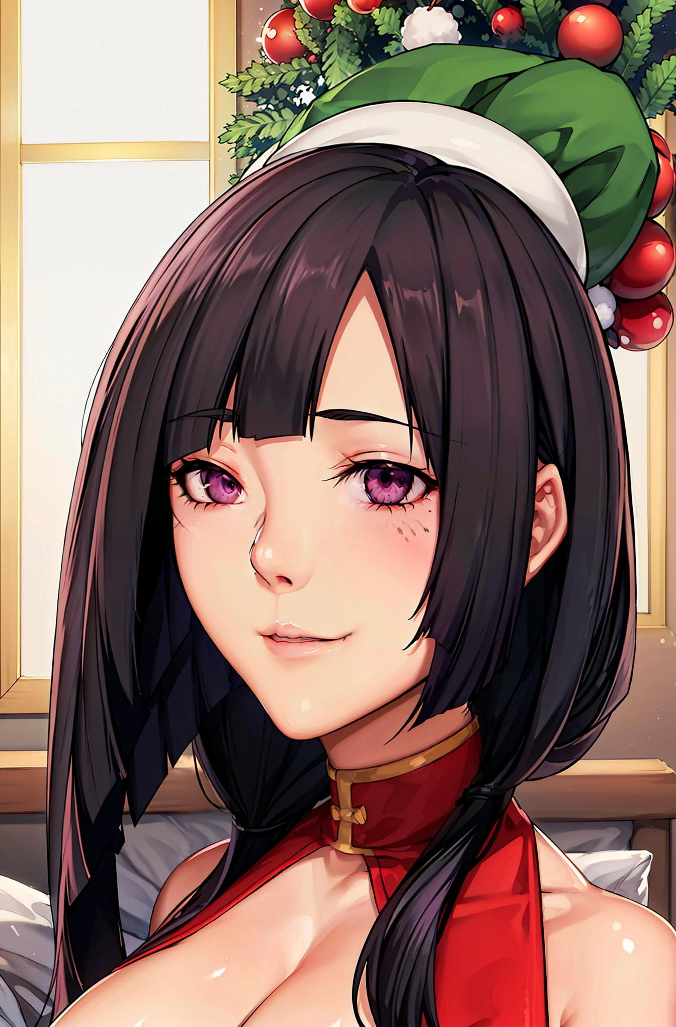 standing pose, christmas tree, (potrait body), (at bedroom), (bedroom background), (santa clauss outfit), (santa claus hat on her head), blushed, smiling, semi-rimless eyewear, black hair, very long hair,Bangs,purple eyes, 1 girl, 20yo,Young female,Beautiful Finger,Beautiful long legs,Beautiful body, Beautiful Nose,Beautiful character design, perfect eyes, perfect face,expressive eyes, perfect balance, looking at viewer,(Focus on her face), official art,extremely detailed CG unity 8k wallpaper, perfect lighting,Colorful, Bright_Front_face_Lighting,White skin, (masterpiece:1.0),(best_quality:1.0), ultra high res,4K,ultra-detailed, photography, 8K, HDR, highres, absurdres:1.2, Kodak portra 400, film grain, blurry background, bokeh:1.2, lens flare, (vibrant_color:1.2),professional photograph, (Beautiful,huge_Breasts:1.4), (beautiful_face:1.5),(narrow_waist)