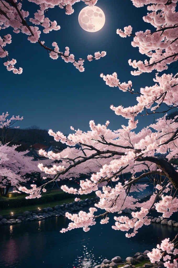 highest quality、Cherry blossoms at night、Cherry tree in full bloom、full moon、petal、light up、beautiful、fantasy