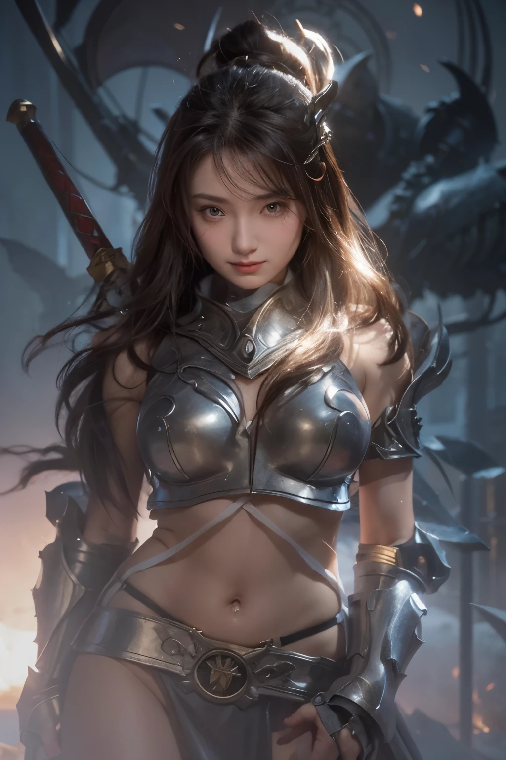 a close up of a woman with a sword and armor, Armor girl, 2. 5d cgi anime fantasy artwork, female warrior, Large scale exposed navel，Epic fantasy digital art style, detailed Digital 2D Fantasy Art, Digital 2D Fantasy Art, Gorgeous female paladin, female knight,bare belly， RPG character art, beautiful female knight, fantasy character art, Epic and beautiful character art, beautiful female warrior