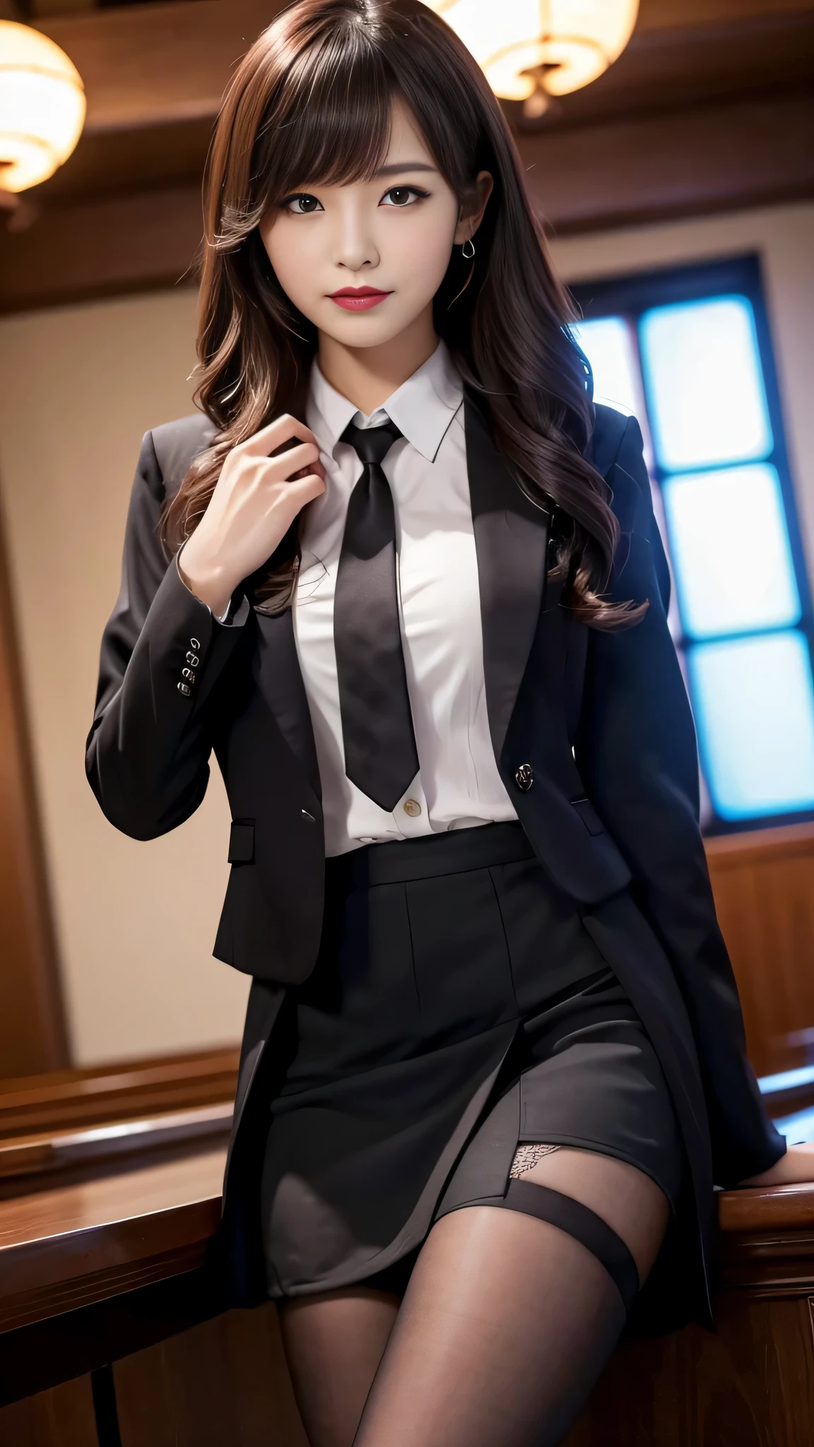 ltra-detailed、Japanese、attractive beauty、seductive adult woman、pretty woman、piercing eyes、cool girl、wavy hair、swept bangs、Female student、suit、Jacket、shirt、ribbon、blouse、Tight Skirt、pantyhose、beautiful feet、Evil cadres、evil depravity、brainwash、mind control、lipstick、smirk、dark makeup、hollow eyes,half-closed eyes、evil look、evil、empty eyes、evil、church at night、vampire、succubus、vampire、Swear allegiance、stand、