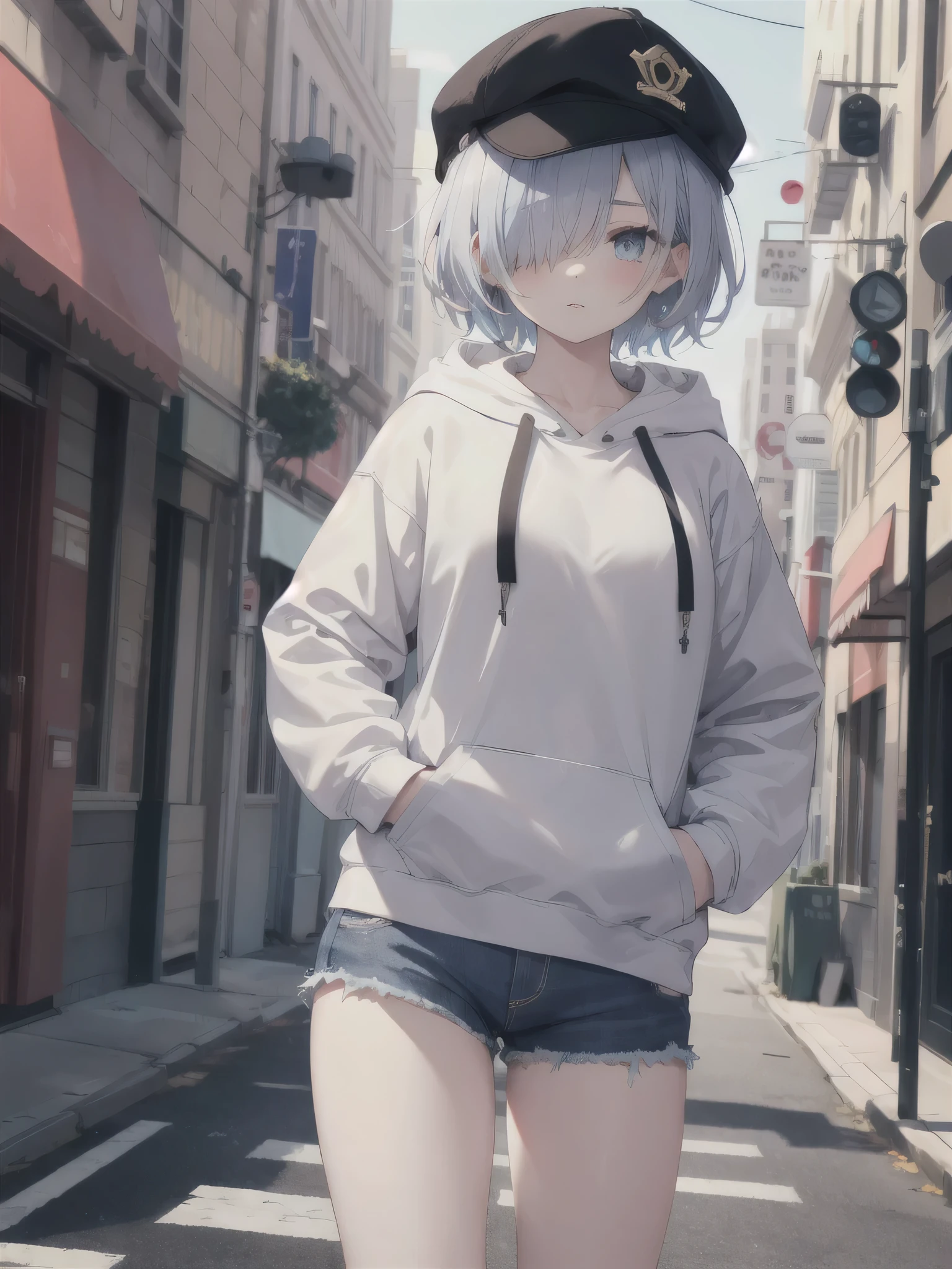 masterpiece,1girl,solo,short hair,blue、one eye is hidden by hair,hoodie, mob cap, street,hand on hip, hand in pocket,looking at the viewer　short height The photo shows everything from the head to the thighs.