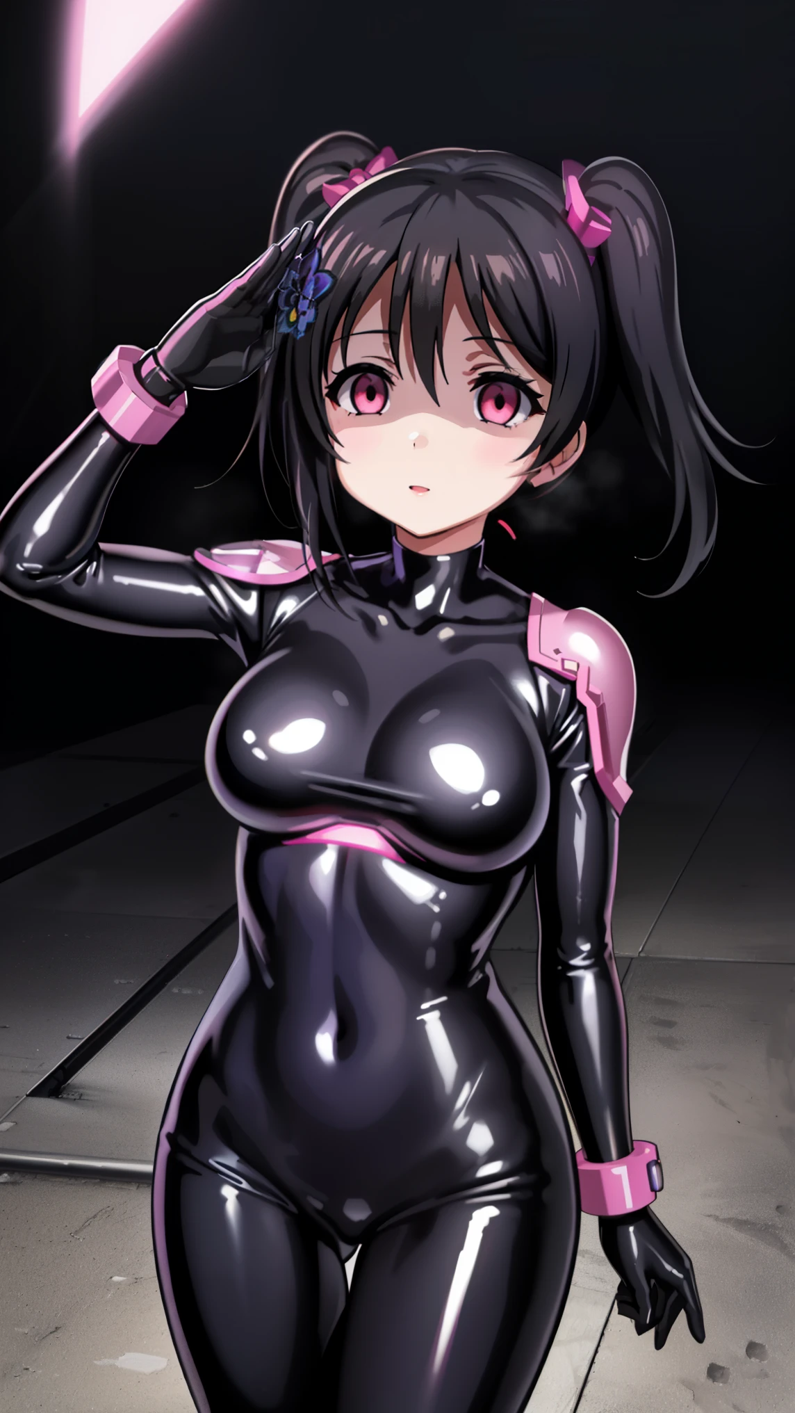 1 girl,NSFW,Nico Yazawa, (lovelive), clavicle, absurd, brainwashing,Combatant, empty eyes,((purple glowing eyes 1.5)),modest chest, fearless smile,((black latex tight bodysuit)),avert your eyes , whole body shape, ((stand up, salute)),(highest quality、4k、8K、High resolution、must have:1.2)、Super detailed、(reality、that's reality的な、reality的な:1.37)、ticker、hyper hd、studio lighting、ultra definition paint、sharp focus、Physically based rendering、extreme details、Professional specifications、vibrancy and color、blurry、sports portrait、landscape、horror style、anime big breasts、SF、photograph、concept artist、five fingers, perfect body, {{{masterpiece}}}, {{{highest quality}}}, {{Super detailed}}, {shape}, {{very delicate and beautiful}},Improved cost performance、all roles、Canon 5D MK4でphotograph、photograph,