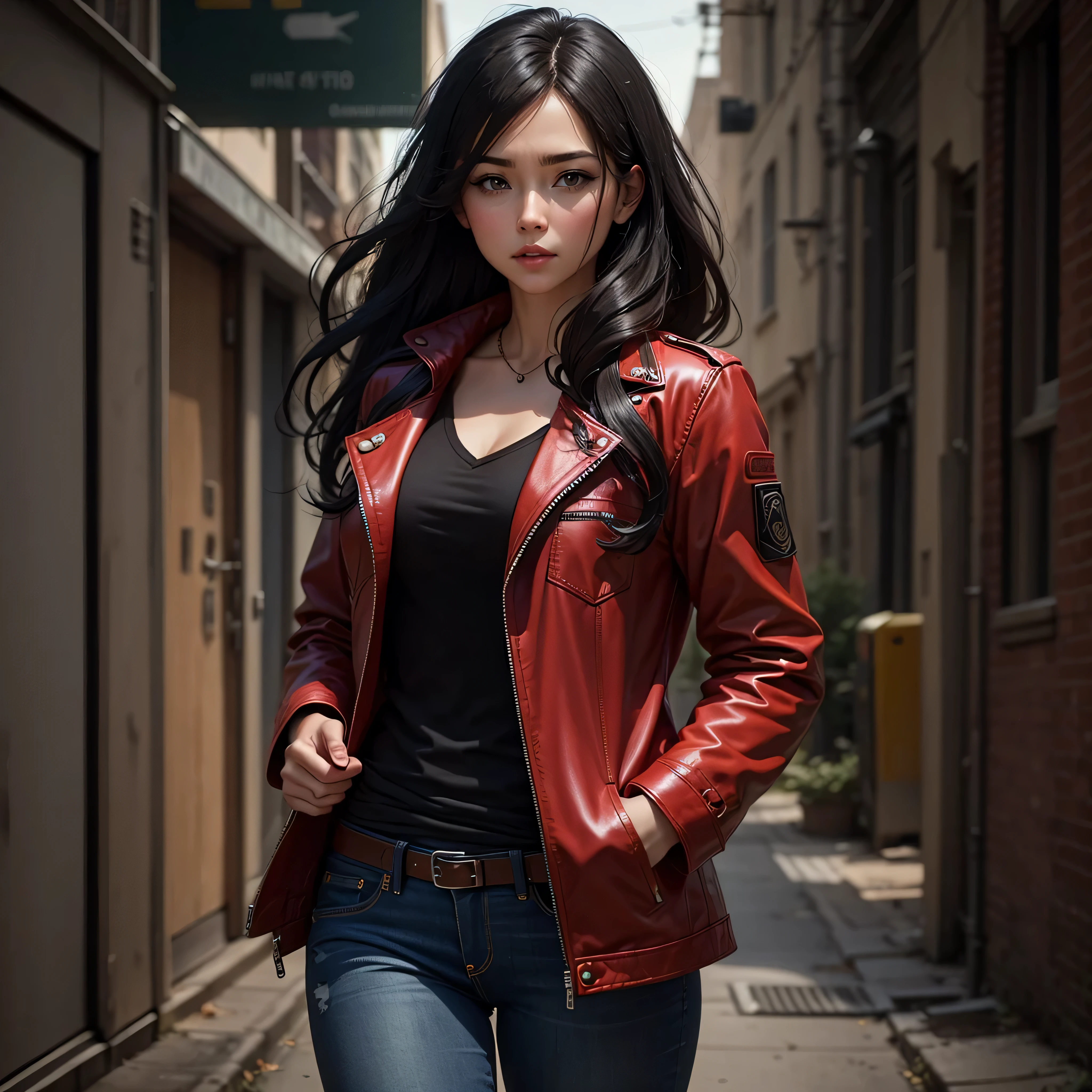female detective, jeans, black shirt, red jacket, flowing black hair