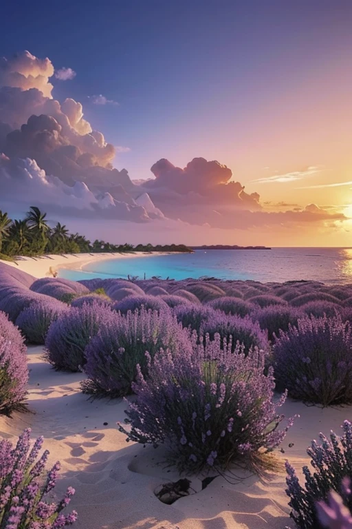 Beautiful lavender beaches, concept art, 8 k, ultra detailed, light dust, Maldives, illustration