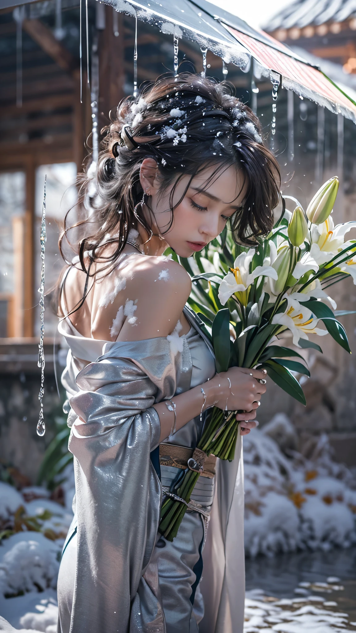 (RAW shooting, Photoreal:1.5, 8K, highest quality, masterpiece, ultra high resolution), ((((heavy snow)))), Highly detailed skin and facial textures:1.2, perfect dynamic composition:1.2, (In front of a shrine at night in a modern city, expression of sadness:0.9, Tears are flowing:0.9, cry with a broken heart:0.9), Slim office lady wet in the rain:1.3, cowboy shot, Fair skin:1.2, sexy beauty:1.1, perfect style:1.2, beautiful and aesthetic:1.1, very beautiful face:1.2, water droplets on the skin, (rain drips all over my body:1.2, wet body:1.2, wet hair:1.3), (Holding a bouquet of wet lilies:1.2, Wearing a wet silver kimono correctly:1.45), (Medium chest, Bra is transparent, Chest gap), Eyes that feel beautiful eros:0.9, Too erotic:0.9, Bewitching:0.9, necklace, earrings, bracelet, wedding ring, Highly detailed hand and finger expressions