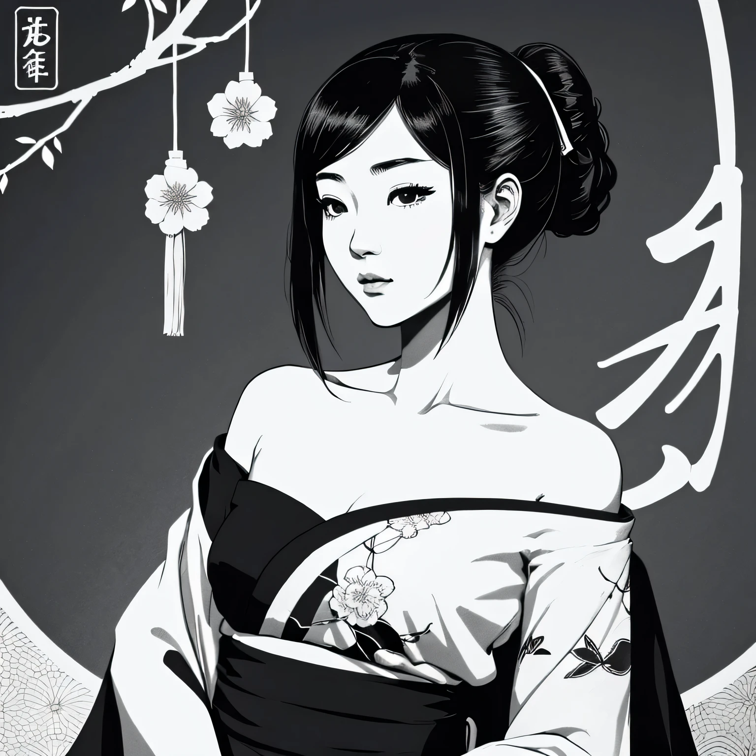 Art vintage japonais, Conception de t-shirts, art vectoriel, art plat, dessin ,encre :1,4. femme japonaise en kimono, bare shoulders , noir et blanc