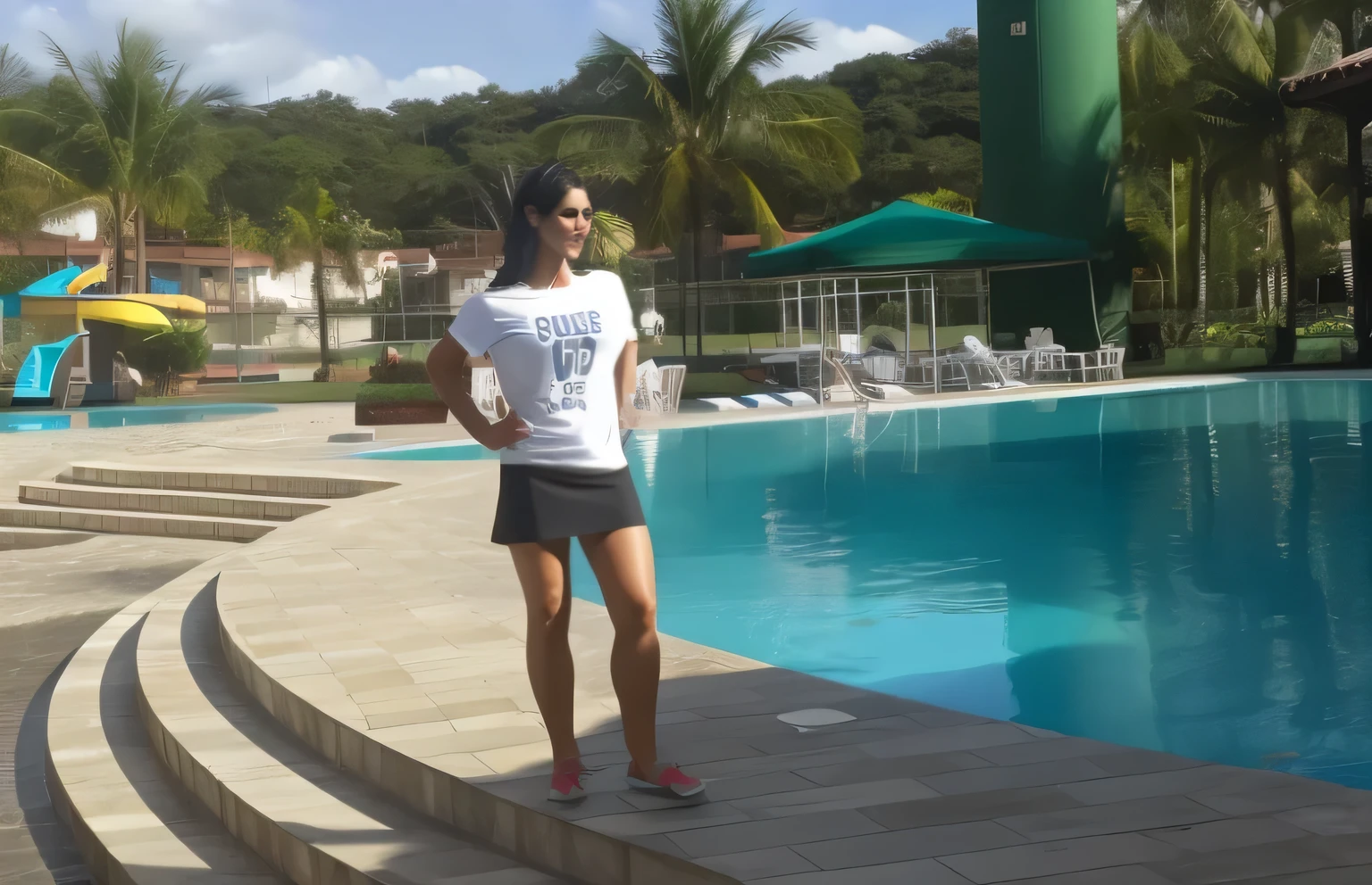 Woman standing by a pool wearing a just do it t-shirt, wearing a black miniskirt, 40 year old Brazilian woman, 35 year old Brazilian woman, looks like Fabiula Nascimento, 35 year old woman, stunning woman, realistic photo, tight white t-shirt. She is 155 cm tall and around 40 years old. A woman with tanned white skin and dark hair. She is around 40 years old. She has slightly full lips and dark brown eyes. Perfect body, slim body, slim waist. tanned skin, soft lips, red lipstick, a feeling of lightness and joy, hyperrealism, very elaborate skin. Fitness woman, fit woman, woman in good physical shape, full body photo, clear photo, high quality, high resolution, masterpiece, 8K.