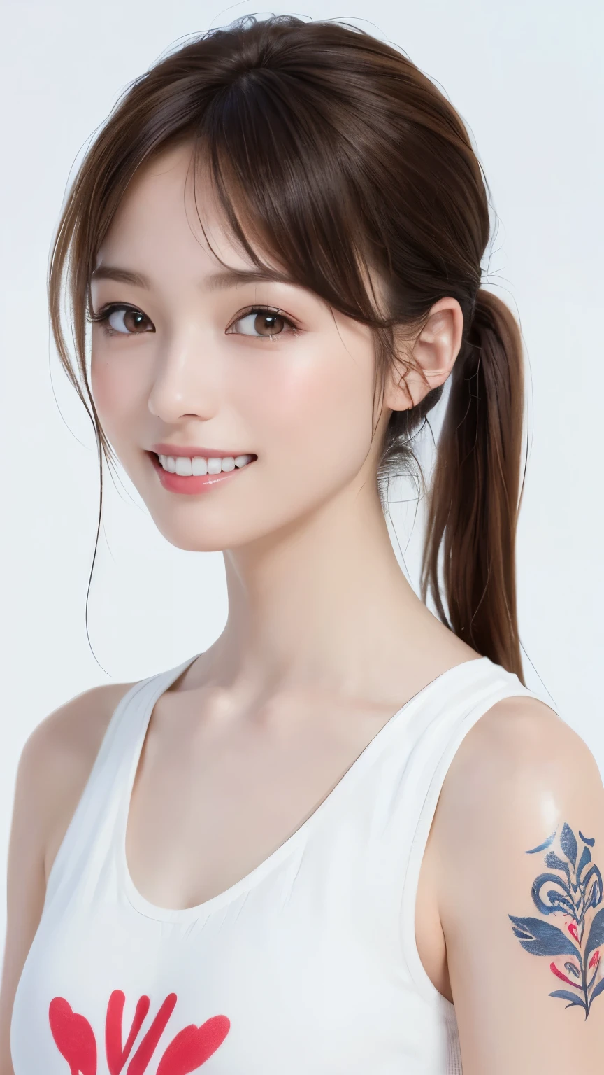 (highest quality、8K、32k、masterpiece)、(realistic)、(Photoreal:1.2)、(High resolution)、Super detailed、very beautiful face and eyes、1 girl、round and small face、thin waist、delicate body、(highest quality、high detail、Rich skin details)、(highest quality、8K、oil paint:1.2)、Super detailed、(realistic、realistic:1.37)、bright colors、(((brown hair)))、(((bust shot)))、(((side ponytail)))、(((pure white wall background)))、(((pure white wall background)))、(((He is wearing a tank top with English written on it.)))、(((look straight ahead)))、(((brown hair)))、(((smile)))、(((sweaty skin)))、(((teeth visible)))、(((The white and red tank top looks great together)))、(((I have an angel tattoo on my chest)))、(((English letters are printed on the tank top)))