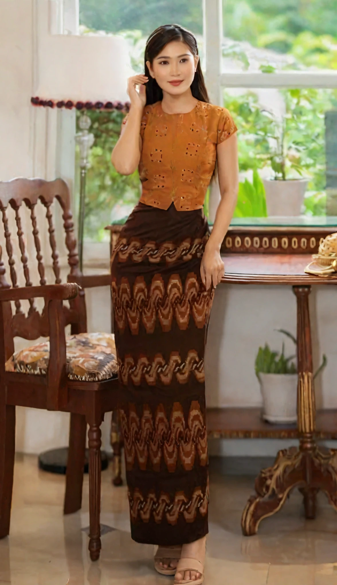 a close up of a woman in a Myanmar dress standing near a table, myanmar woman, acmm ss outfit, lovely woman, traditional beauty, an asian woman, wearing beautiful clothes, a young asian woman, high quality image, wearing an elegant tribal outfit, A realistic three-dimensional render of an elegant lady with brown hair,Burmese girl;