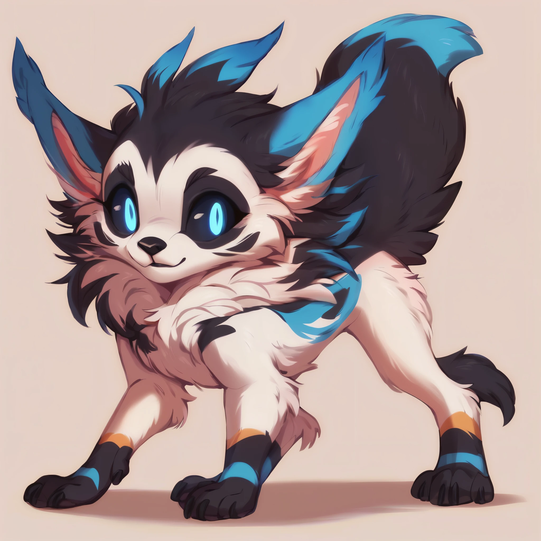 score_9, score_8_up, score_7_up, score_6_up, score_5_up, score_4_up, show accurate, full body, simple background, solo, feral chupacabra, female chupacabra, age chupacabra, adorable face, standing on all fours, black sclera, sapphire blue eyes, bright eyes, playful look, overflowing emotion, skinny body, full black fur, white fur, white face, white chest, black color tail, black legs,