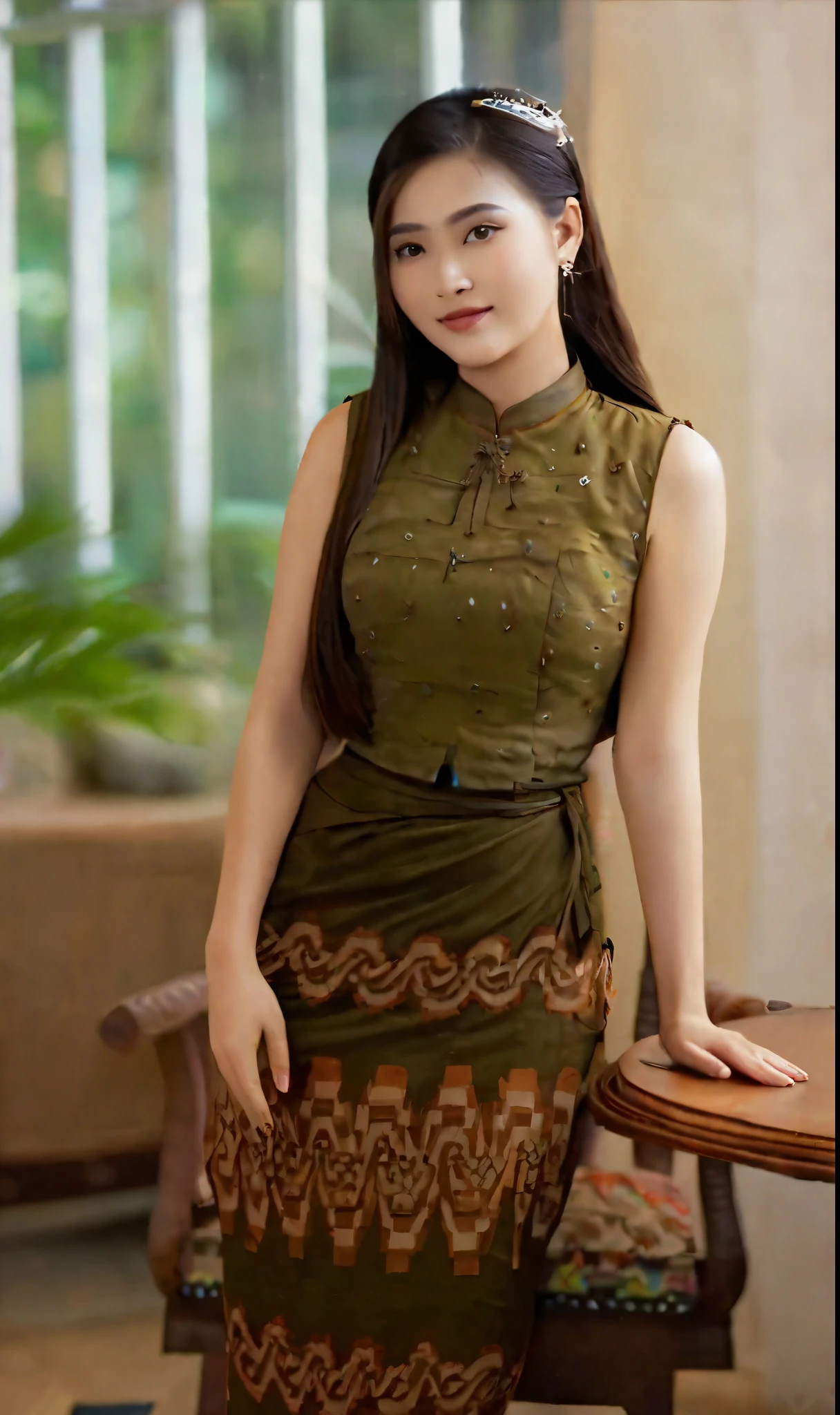 a close up of a woman in a Myanmar dress standing near a table, myanmar woman, acmm ss outfit, lovely woman, traditional beauty, an asian woman, wearing beautiful clothes, a young asian woman, high quality image, wearing an elegant tribal outfit, A realistic three-dimensional render of an elegant lady with brown hair,Burmese girl;