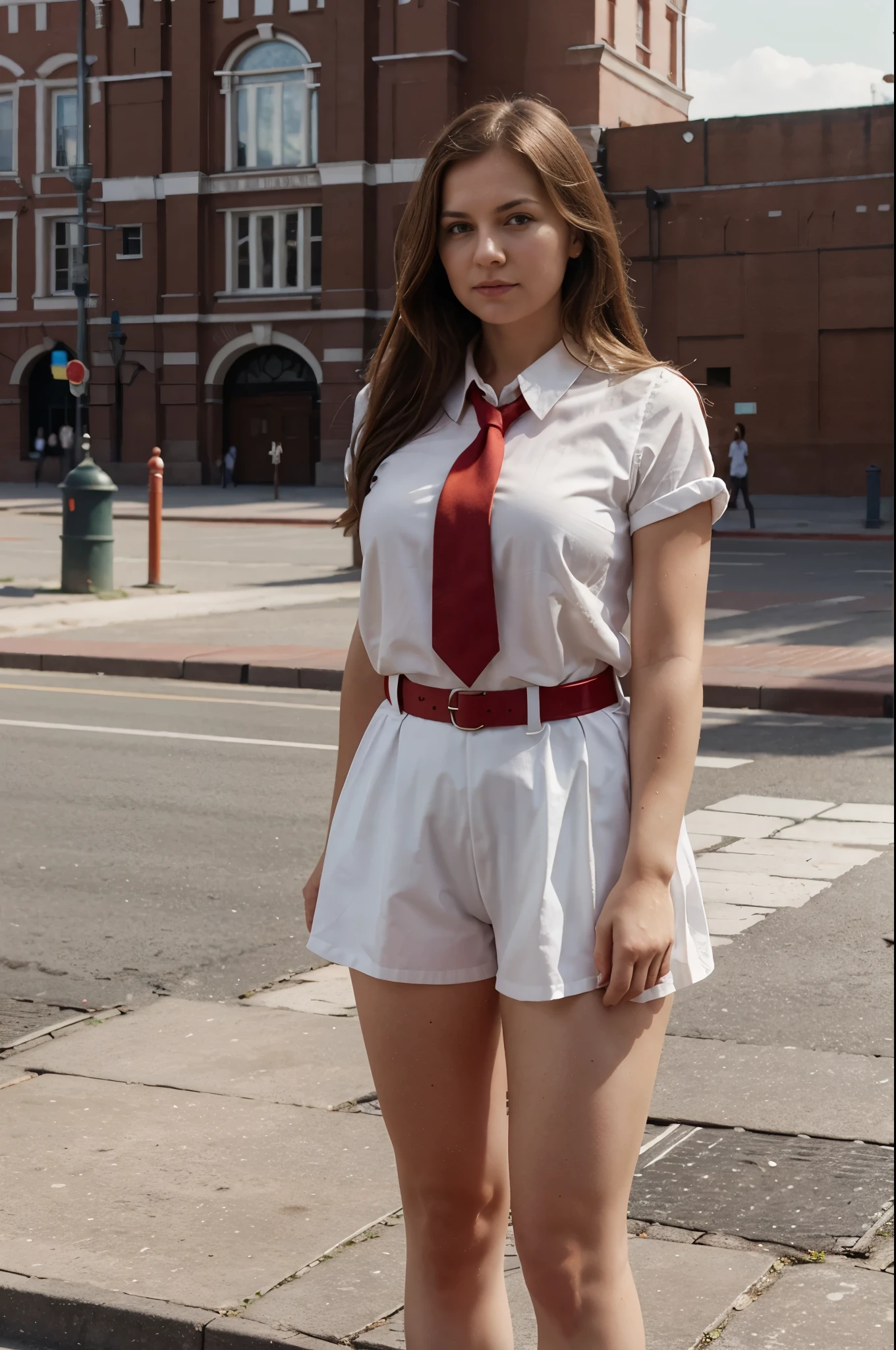 naked plump Soviet pioneer woman stands on Red Square in a white blouse and red shoes, Red Pioneer Tie, summer, hairy pussy