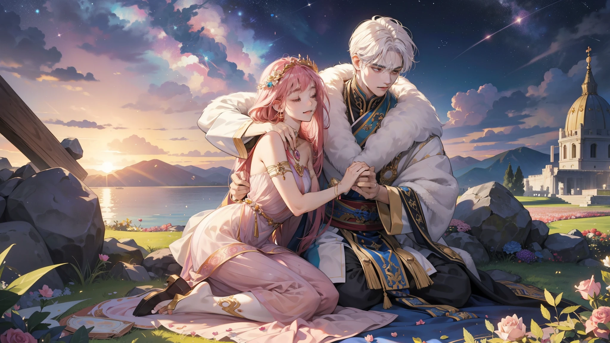 「Yab-Yum」A huge Roman emperor named Constantine I, magnificently portrayed in stone, is embraced from the side by a cute girl hailing from the Land of the Rising Sun. Their happiness is palpable, a testament to a love that transcends the boundaries of faith and religion. This love is a microcosm that exists within the depths of garden quartz–an eternal galaxy, a clear sky before dawn. Their relationship unfolded in a tranquil time, graced by marbled floors and colorful ores, including diamond, morganite, kunzite, rose quartz, Inca rose, and rhodochrosite. Decorated with