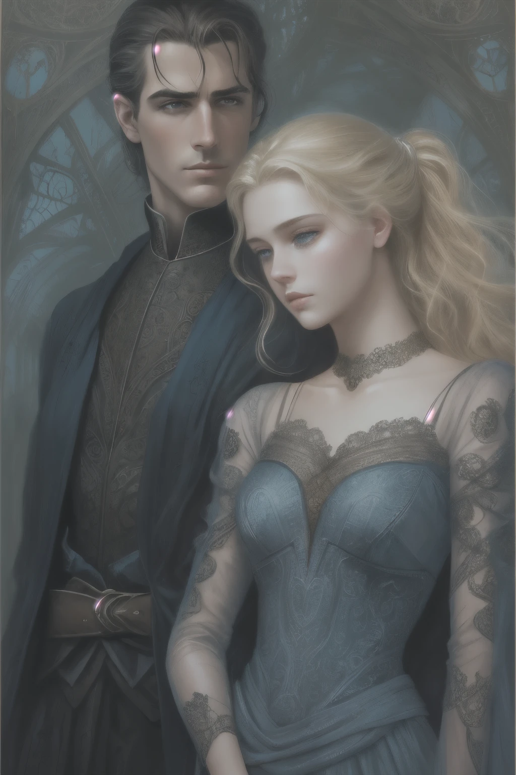 Create an [Comic book Luis Royo art style] loving couple of a dark-haired man (henri cavil) and a blond girl with [detailed linework], [dynamic shading], and [rich colors]. The young blond girl have [full body], blue eyes [expressive facial features] and [fluid body movements], with close attention paid to [her black liquid sensual dress with black lace veil], (fabric with intricate pattern:1.2), [heart-shaped] face, [delicately proportioned], with a [small nose] and [high cheekbones], full lips, [shinny blond straight medium hair styled], [black eyeliashes and brown], long, full eyelashes that add to her feminine charm, [slim  body], neck exposed by the hair in a chignon, Lili from the movie Legend, fairy. The man has black hair, dark detailed eyes with shadows on the scleras, pale skin, dark clothes with dark light armor, Henri Cavil.  [dark cave background] [dark atmosphere]  should showcase [visible skin pores] that add to the realism. [imperfect, uneven, and irregular skin] should be depicted with [specular reflection], [subsurface scattering], and [diffuse reflection], capturing the [fair skin tone] The image should be captured in [natural light], with [soft shadows] that highlight her. The colors should be [RAW] and [vibrant], showcasing the [tragic] elements of the character, while remaining grounded in a sense of [realism]. Aim for a [photorealistic]. The image should have [intricate details]. The overall mood of the image should be [victorian], [ghotic] with a sense of [magic] and [power].