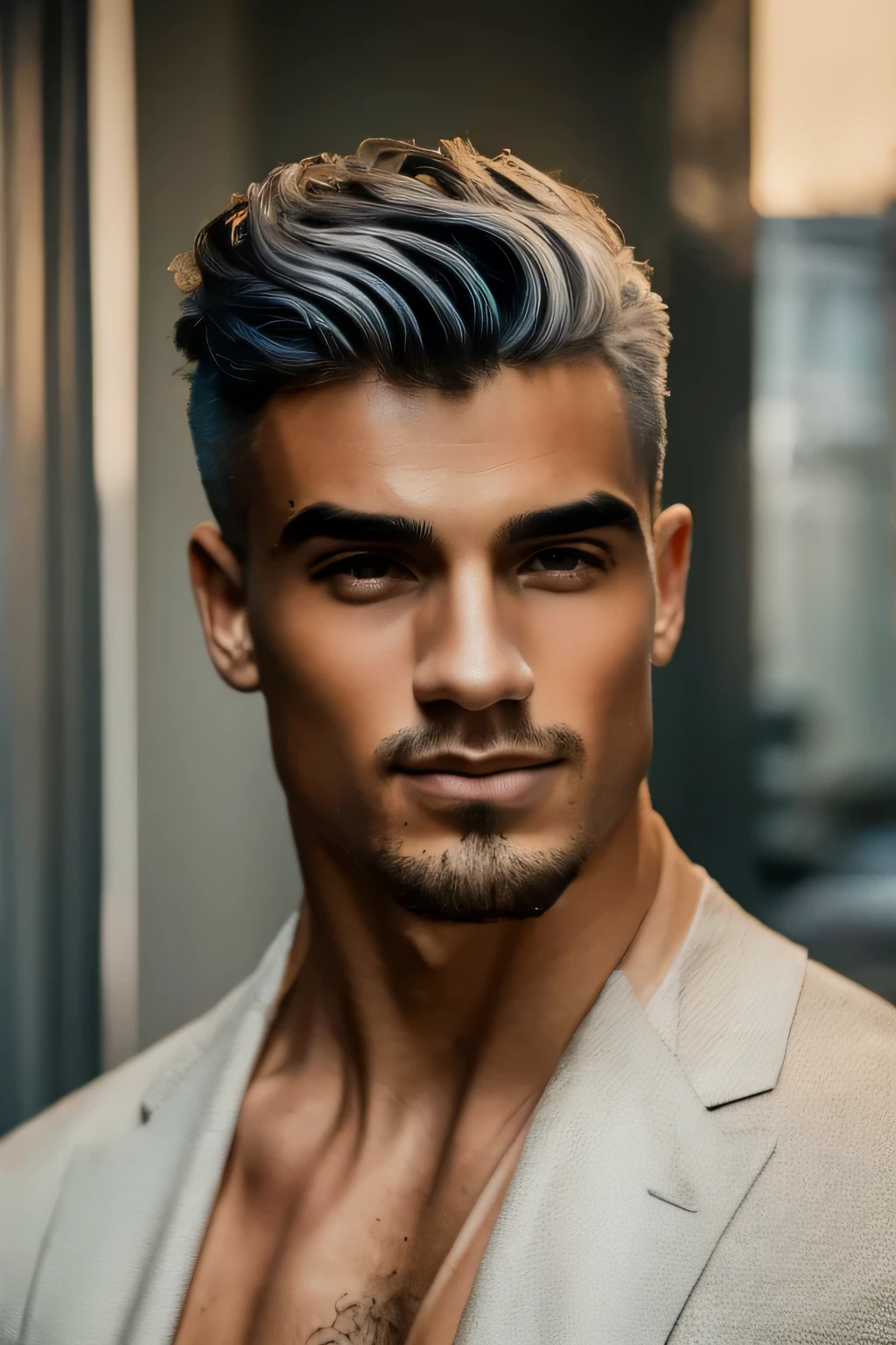 Italian young man, influencer,silver dyed hair,realistic,athletic body,attractive face,fashionable haircut, at home portrait, minimalist tattoos, seed:  293049899