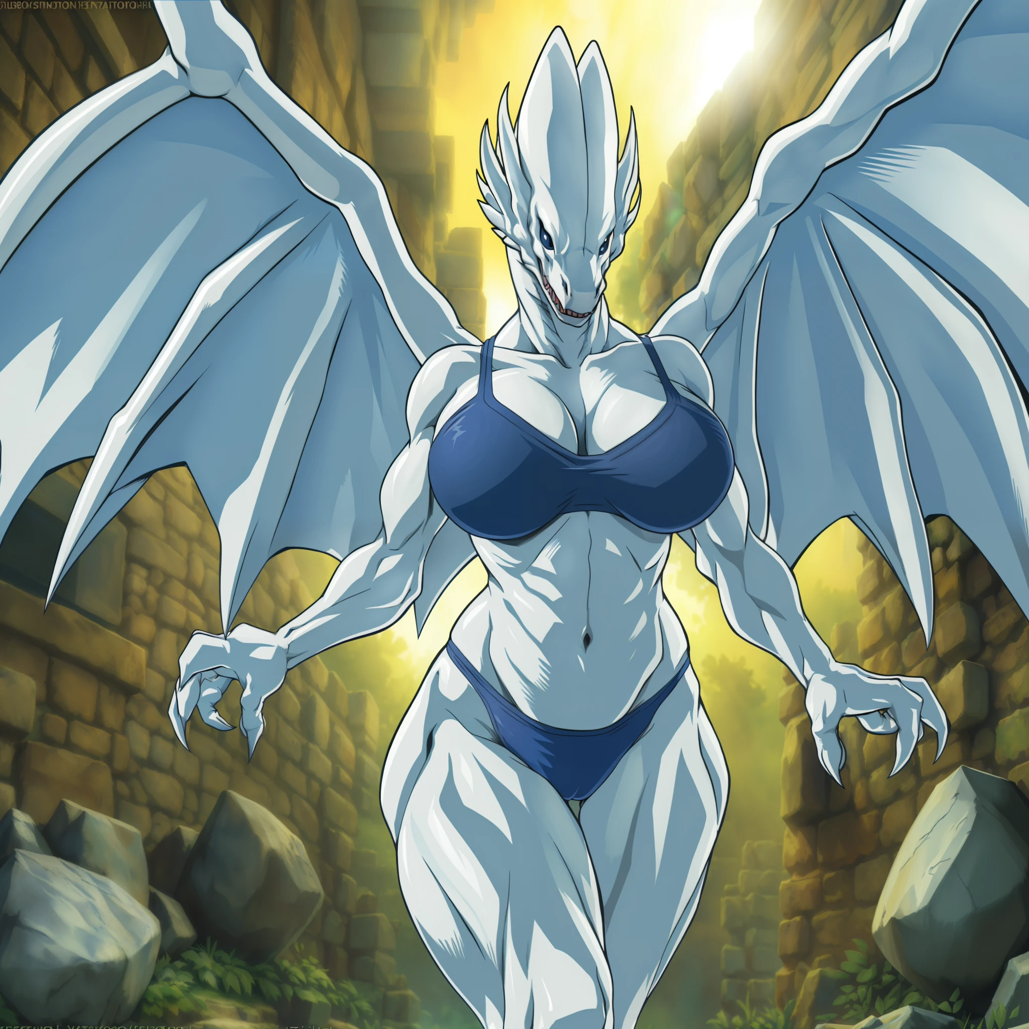 TakahiroKagami, 8k, fine details, masterpiece, hd, (ultra detailed), a beautiful and detailed full size portrait of a female (muscle, dragon jaw, large wings), anthro dragon, bewdragon, blue eyes, empty eyes, clawed_fingers, big body, (((white body, white skin))), goddess, non-mammal breasts, big body, , goddess, wide hips, kenket, Ross Tran,ruan jia, trending on artstation,foxovh, cenematic lighting, detailed background,, (((happy))), front view, stone wall, seductive, walking, open legs, covering self, big , big , big , blue navy bra, blue navy panties,
