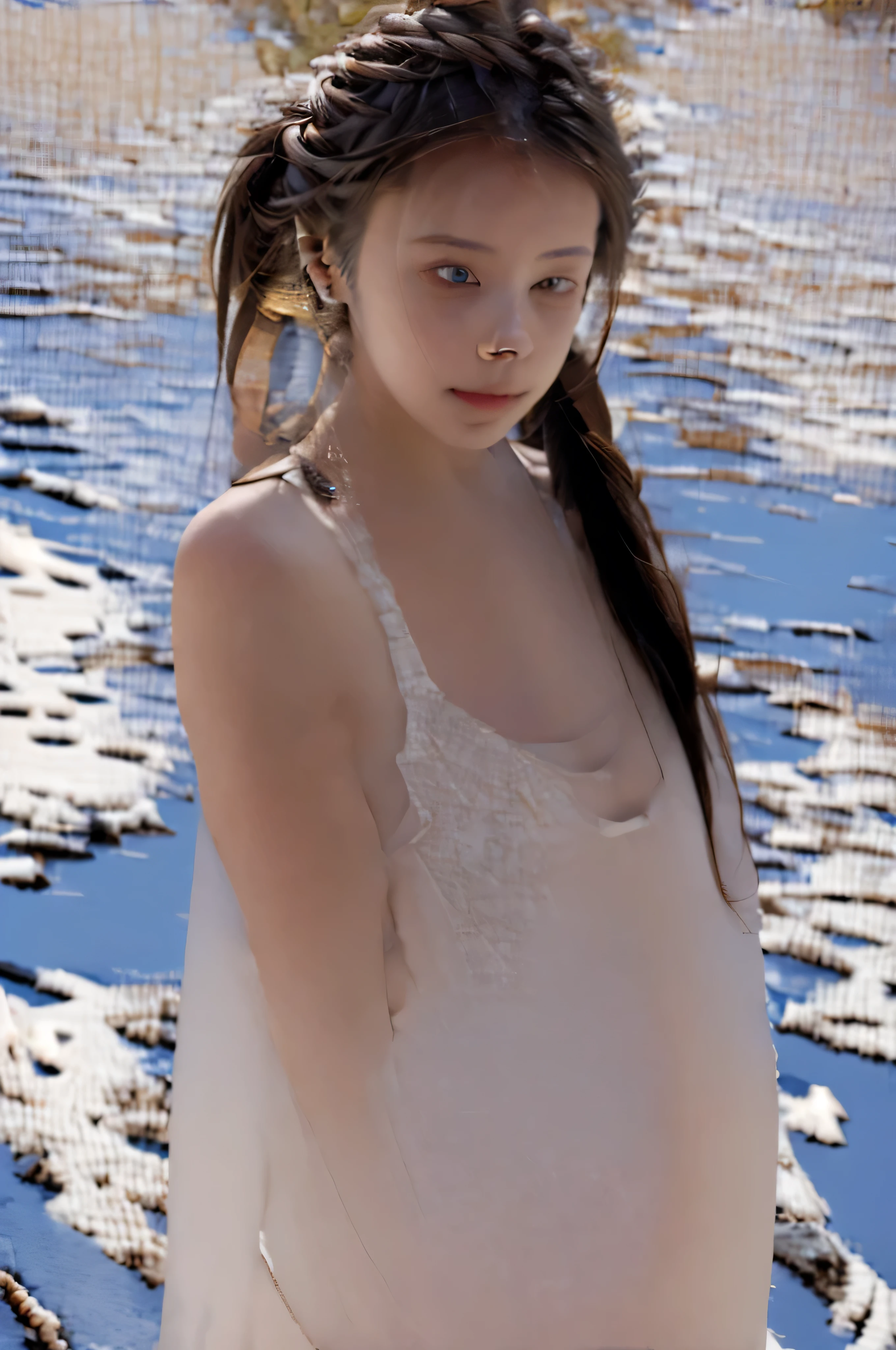 1girl, undress coat, exposed pussy, tokyo street, public indecency, look at viewer, embarrased, (SIGMA 85mm f1.4), nsfw, (depth of field:0.6), detailed photorealistic background, diffused natural sunlight, diffused natural skin glow, daytime, winter, pony tail, twin tail, braid ponytail, hair bun, ((flower hair ornament)), (((hair accessory))), tail_ribbon