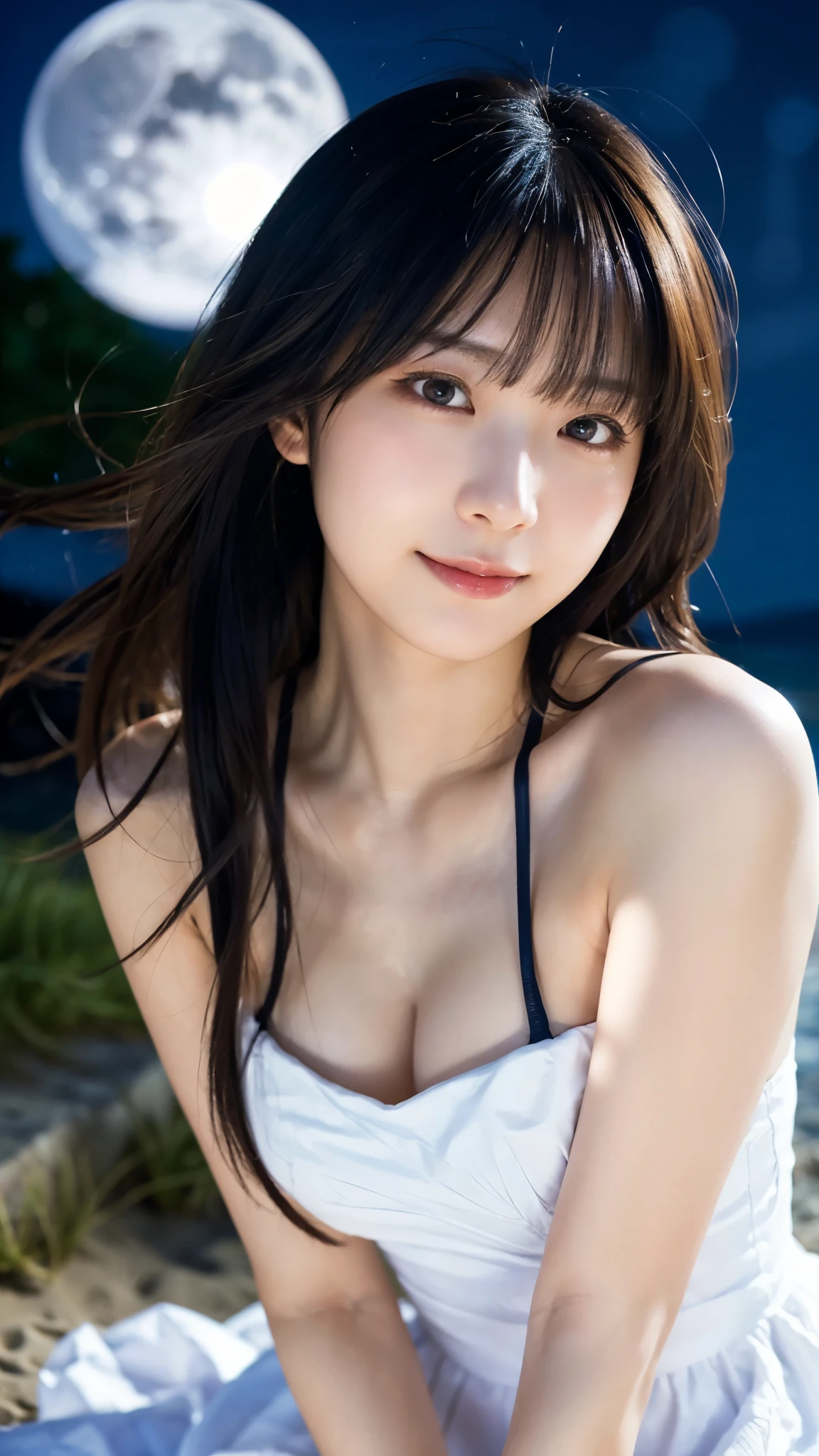 (highest quality,masterpiece:1.3,ultra high resolution),(Super detailed,caustics,8k),(photorealistic:1.4,RAW shooting),(night),(night空),(starry sky),(full moon),(beach),(looking down at the camera),1 girl,sitting,20-year-old,cute,Japanese,(smile),black long hair,strong wind,(hair blowing in the wind),(white dress),(big breasts),Natural light,moonlight,(front shot),(bust up shot),(face close up),(low position:1.1),(Low - Angle:1.1)