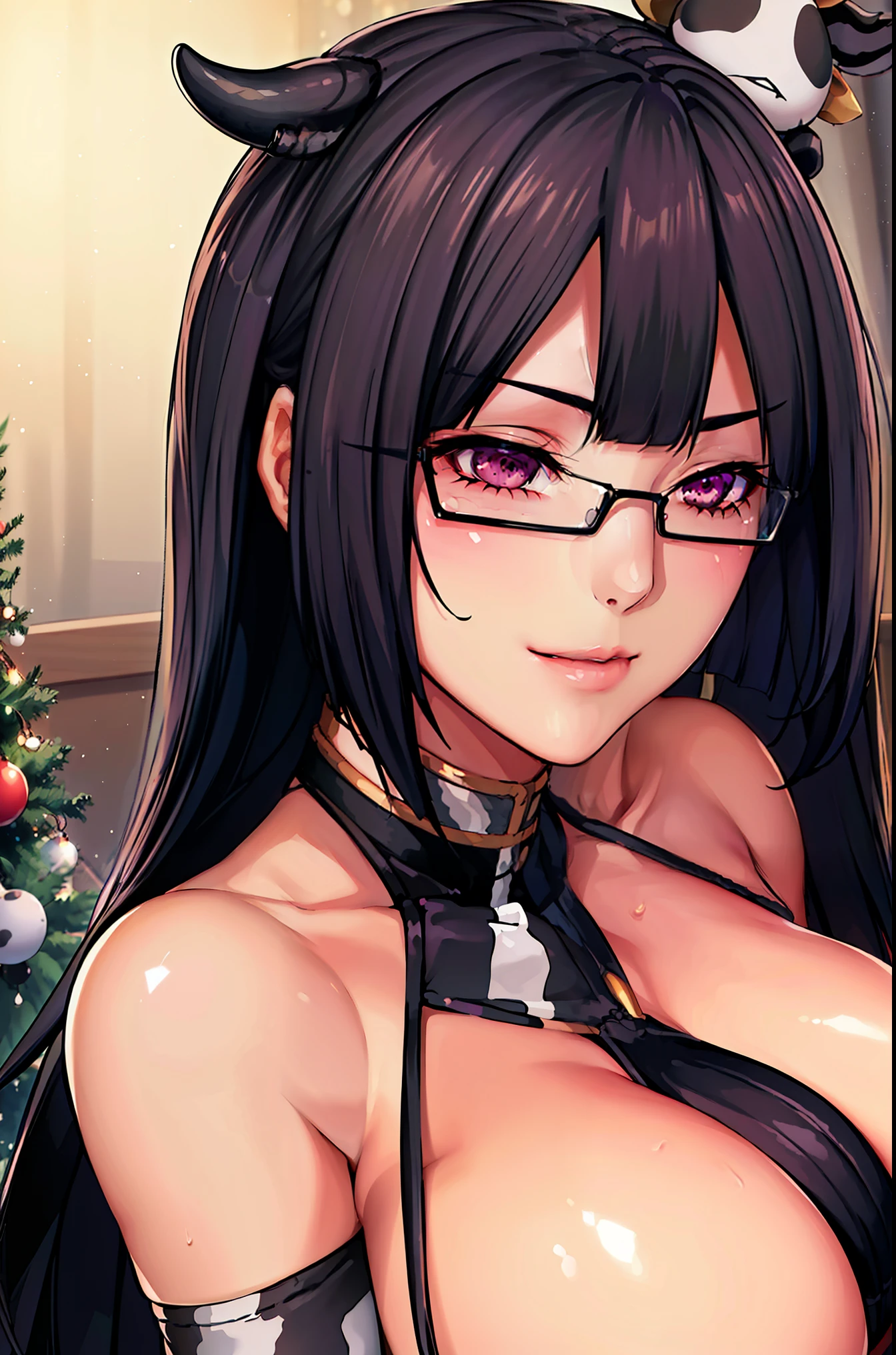 standing pose, christmas tree, (potrait body), (at indoor), (indoor background), (cow skin pattern bikini), (cow horn on her head), blushed, smiling, semi-rimless eyewear, black hair, very long hair,Bangs,purple eyes, 1 girl, 20yo,Young female,Beautiful Finger,Beautiful long legs,Beautiful body, Beautiful Nose,Beautiful character design, perfect eyes, perfect face,expressive eyes, perfect balance, looking at viewer, official art,extremely detailed CG unity 8k wallpaper, perfect lighting,Colorful, Bright_Front_face_Lighting,White skin, (masterpiece:1.0),(best_quality:1.0), ultra high res,4K,ultra-detailed, photography, 8K, HDR, highres, absurdres:1.2, Kodak portra 400, film grain, blurry background, bokeh:1.2, lens flare, (vibrant_color:1.2),professional photograph, (Beautiful,huge_Breasts:1.4), (beautiful_face:1.5)