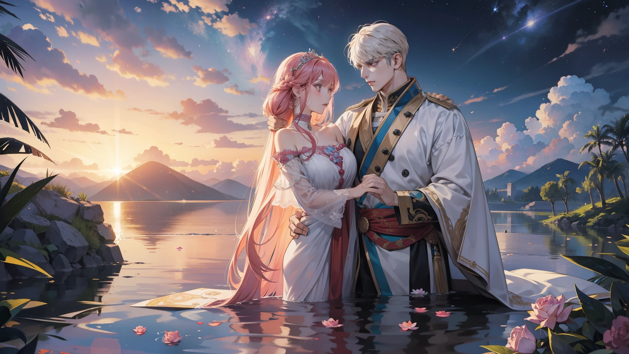 "Yab-Yum": A colossal Roman emperor named Constantine I, with an imposing presence, is embraced by a girl from the Land of the Rising Sun. They are a captivating couple, brimming with love that transcends the boundaries of faith and religion. Their love is a microcosm of the universe, a galaxy, a clear sky before dawn, and a tranquil pond.
Their romantic tale unfolds against the backdrop of a marble floor adorned with colorful ores, such as diamonds, morganite, kunzite, rose quartz, Incas rose, rhodochrosite, and decorated with rhodon