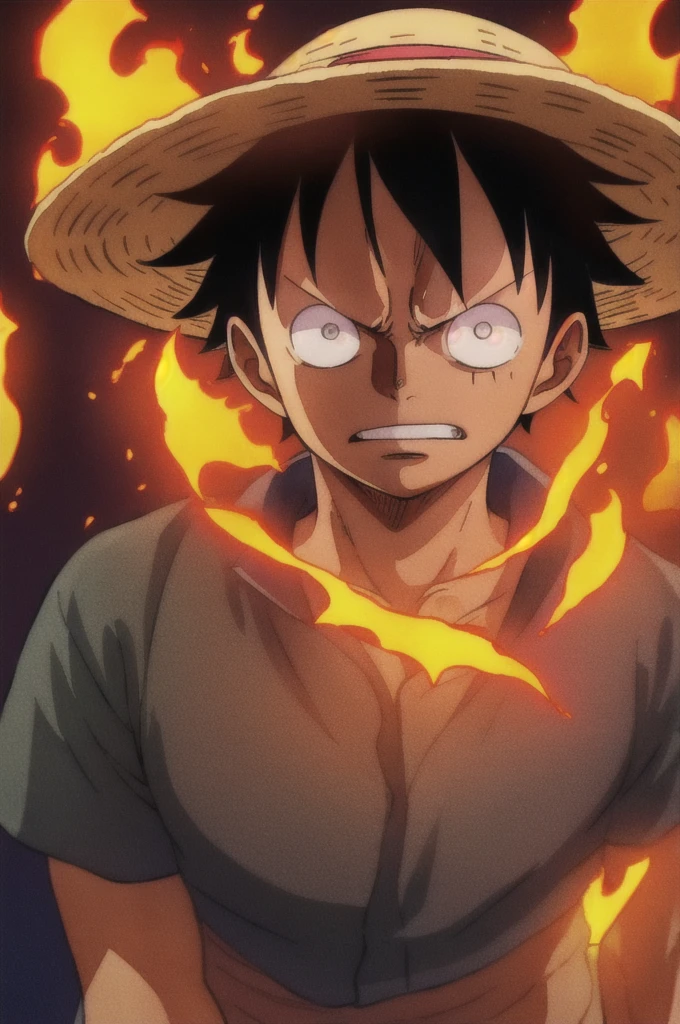 1boy, wanostyle, monkey d luffy, angry looking, straw hat, looking at viewer, solo, upper body, (((masterpiece))), ((best quality)), (extremely detailed), watercolor, illustration, depth of field, sketch, dark intense shadows, sharp focus, soft lighting, hdr, colorful, good composition, fire all around, spectacular, closed shirt, anime screencap  