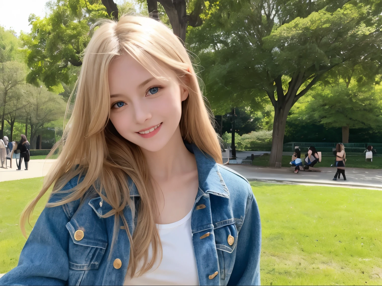 masterpiece, highest quality, 1 girl, beautiful, Are you okay, delicate, very complicated, be familiar with, blonde hair, Jacket, blue eyes, ((masterpiece)), extremely be familiar with, highest quality, High resolution, ((at the park)), bridget, smile,  sexy、tits
