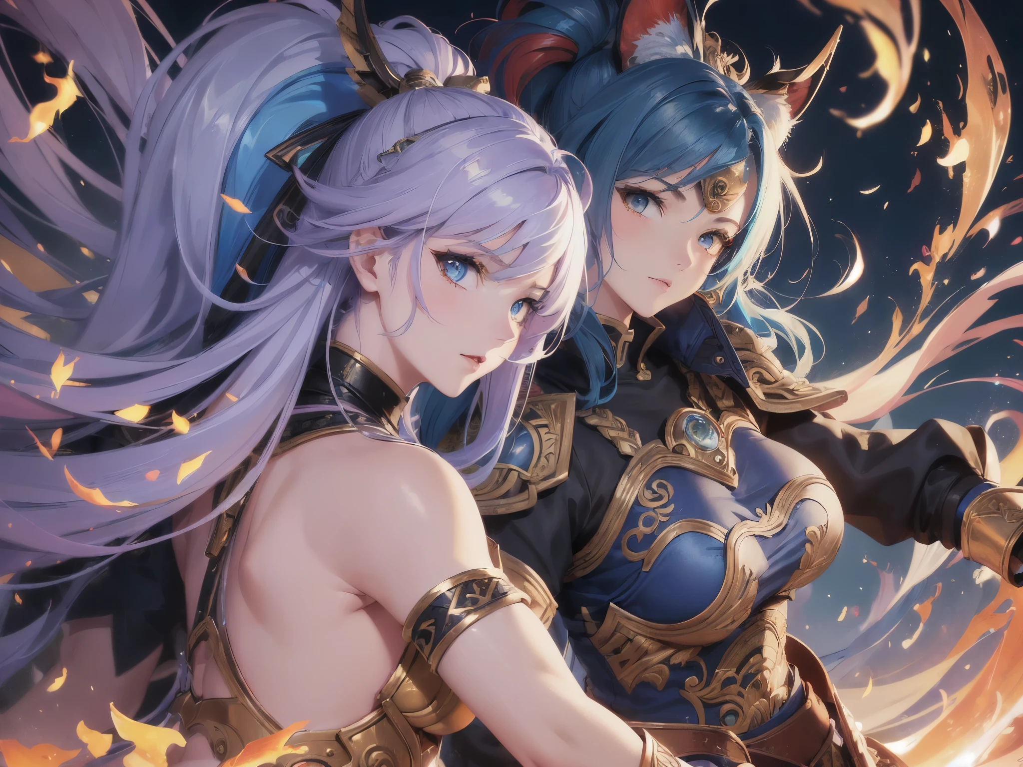 ((highest quality)),(ultra high resolution),(Super detailed),(detailed description),((best CG)),(best work of art),super precision art,amazing drawing art,(Fantasy art with precise details:1.5), ((two female warriors:1.8)),dynamic pose:1.5, (red short hair female warrior:1.5),(A strong and beautiful face:1.3), (female warrior with long blue hair:1.5), ((Dynamic combination technique:1.8))