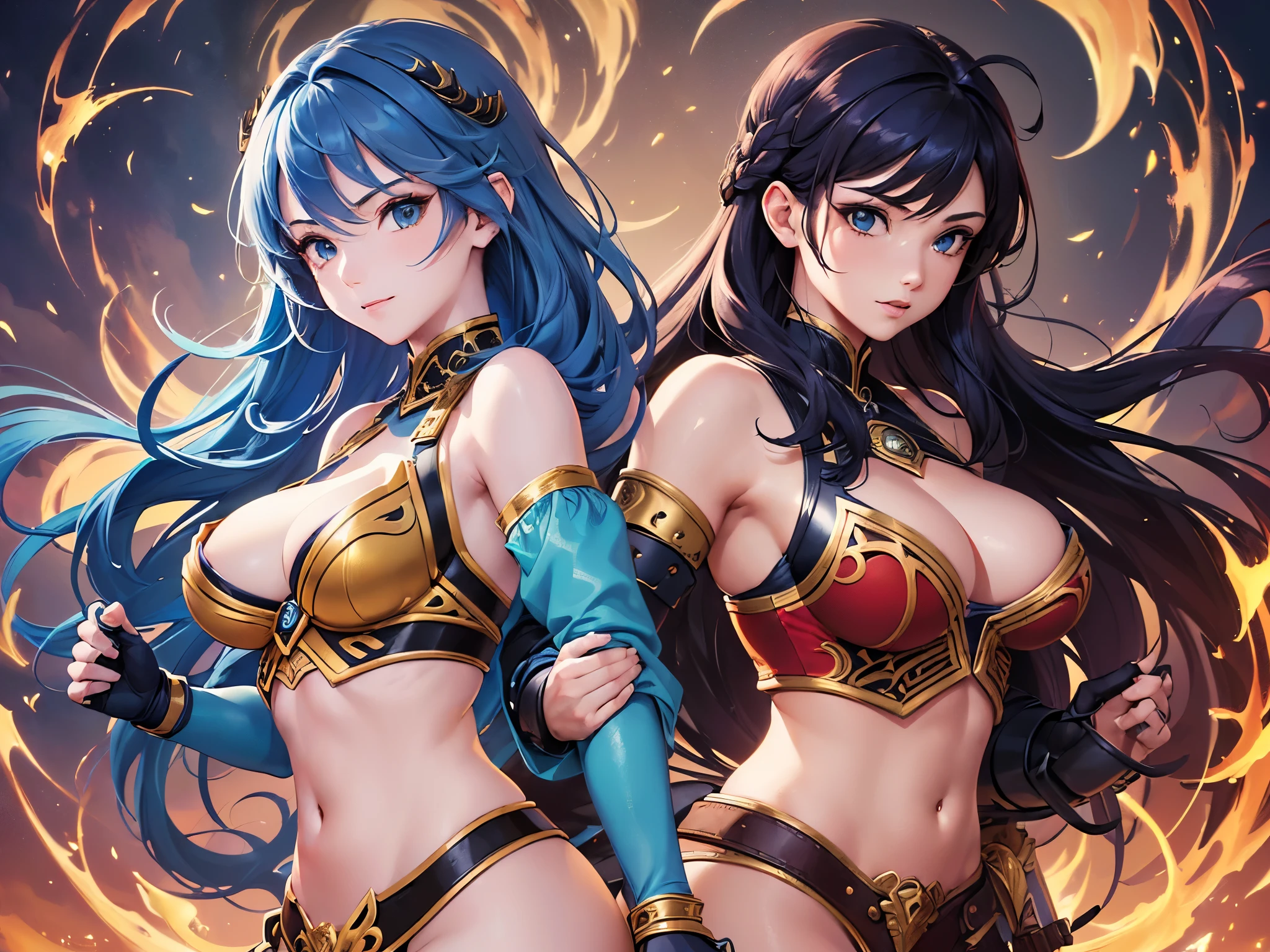 ((highest quality)),(ultra high resolution),(Super detailed),(detailed description),((best CG)),(best work of art),super precision art,amazing drawing art,(Fantasy art with precise details:1.5), ((two female warriors:1.8)),dynamic pose:1.5, (red short hair female warrior:1.5),(A strong and beautiful face:1.3), (female warrior with long blue hair:1.5), ((Dynamic combination technique:1.8))