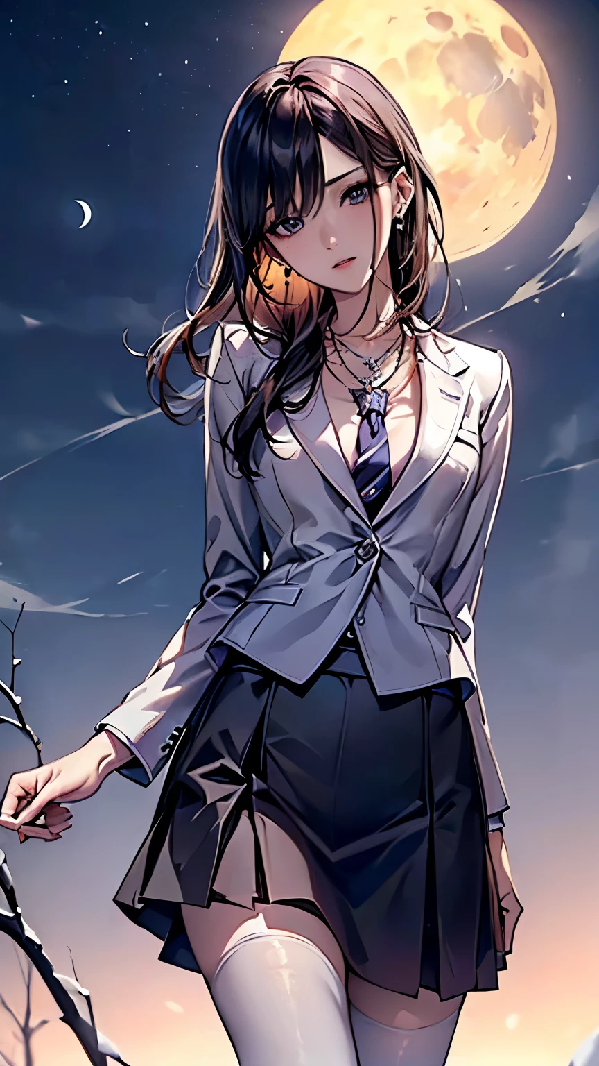 ((Biologically correct number of limbs))、(( Full body photo including face))、4K、((standing position))、masterpiece、((focus on the face))、((Symmetrical facial features))、Eyes of minute description、Beautiful woman、outstanding style、beautiful clavicle、beautiful legs、beautiful hands、slender body、(small ass、thin thighs)、(stockings、high heels)、Detailed depiction of faces、small earrings、necklace、(upper body blazer、shirt、(skirt))、close up of face、lighting to the face、turn one's face upward、tie、Under the Moonlit Night、