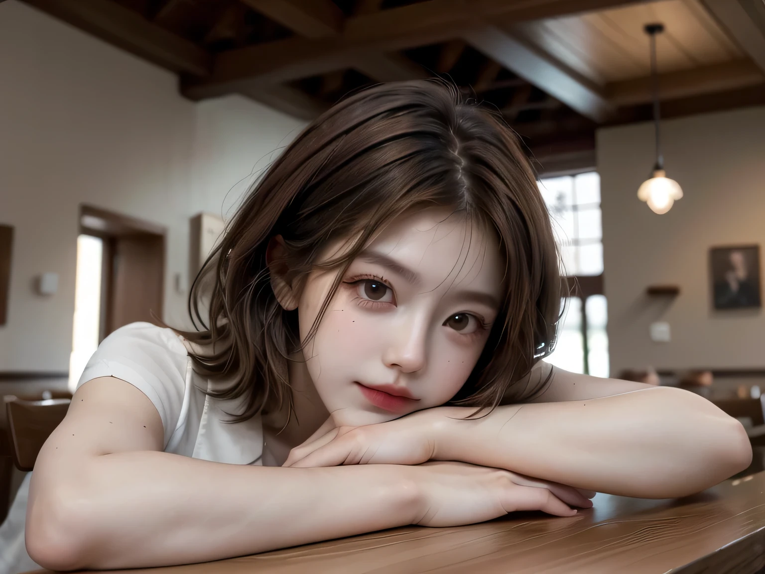 masterpiece, High resolution, Cute relaxing in café, Short brown hair、