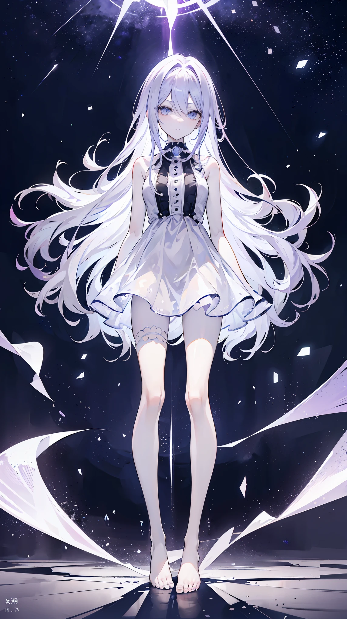 Lilac gradient hair,asymmetrical hair,（（Hair is very thick 1.8，Well-defined head 1.6））， Hair over the shoulders, messy hair, very long hair, shiny hair，(long gray hair:1.2),a beautiful girl，（Luxury Platinum Mini Ultra Short Platinum Lolita，Made of transparent material），（Transparent clothes transparent 1.8），Perfect body，big thin legs，slim，(看起来很sad，Looking haggard ，sad，shut your mouth：1.2） Against the backdrop of an unusually bright dark starry sky，（Put your hands behind your back），（round,Room, firm breasts），barefoot，float，water surface，（long legs，long legs，long legs，Gestalt），full-body shot。