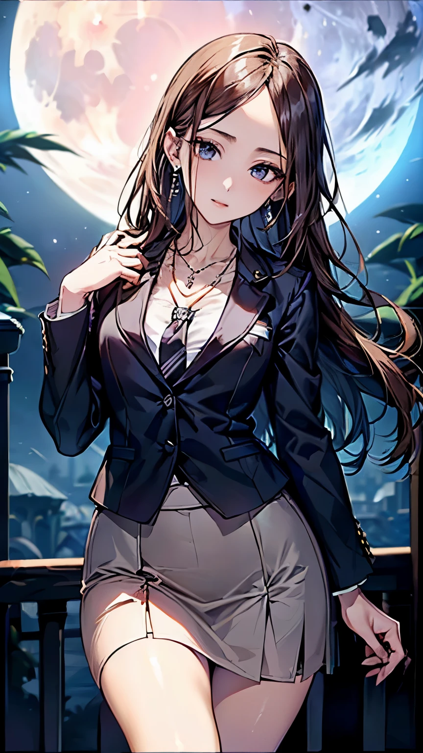((Biologically correct number of limbs))、(( Full body photo including face))、4K、((standing position))、masterpiece、((focus on the face))、((Symmetrical facial features))、Eyes of minute description、Beautiful woman、outstanding style、beautiful clavicle、beautiful legs、beautiful hands、slender body、(small ass、thin thighs)、(stockings、high heels)、Detailed depiction of faces、small earrings、necklace、(upper body blazer、shirt、(skirt))、close up of face、lighting to the face、turn one's face upward、tie、Under the Moonlit Night、