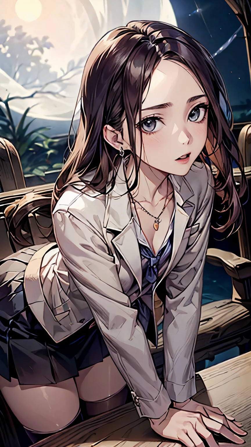 ((Biologically correct number of limbs))、(( Full body photo including face))、4K、((standing position))、masterpiece、((focus on the face))、((Symmetrical facial features))、Eyes of minute description、Beautiful woman、outstanding style、beautiful clavicle、beautiful legs、beautiful hands、slender body、(small ass、thin thighs)、(stockings、high heels)、Detailed depiction of faces、small earrings、necklace、(upper body blazer、shirt、(skirt))、close up of face、lighting to the face、turn one's face upward、tie、Under the Moonlit Night、