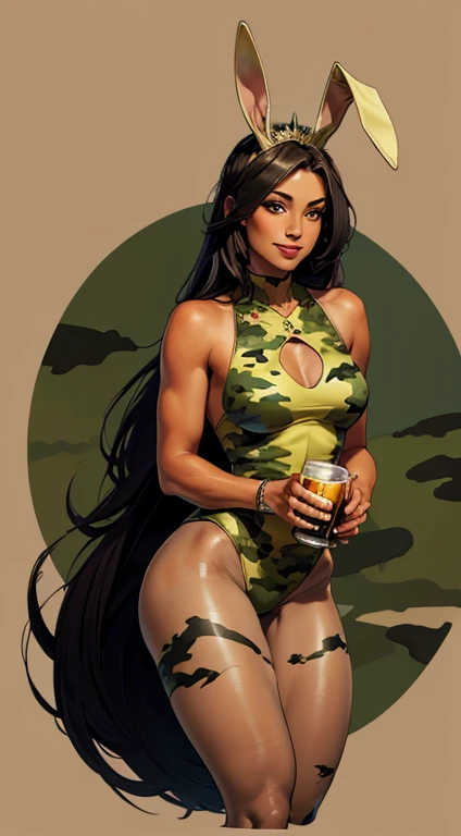 uma obra-prima, Melhor qualidade, african woman wearing a militar camouflage LEOTARD,rabbit ears tiara,fake eyelashes,fleshy lips,looking to observer, little smile,tan pantyhose,holding a beer mug,SCENARIO florish florest background