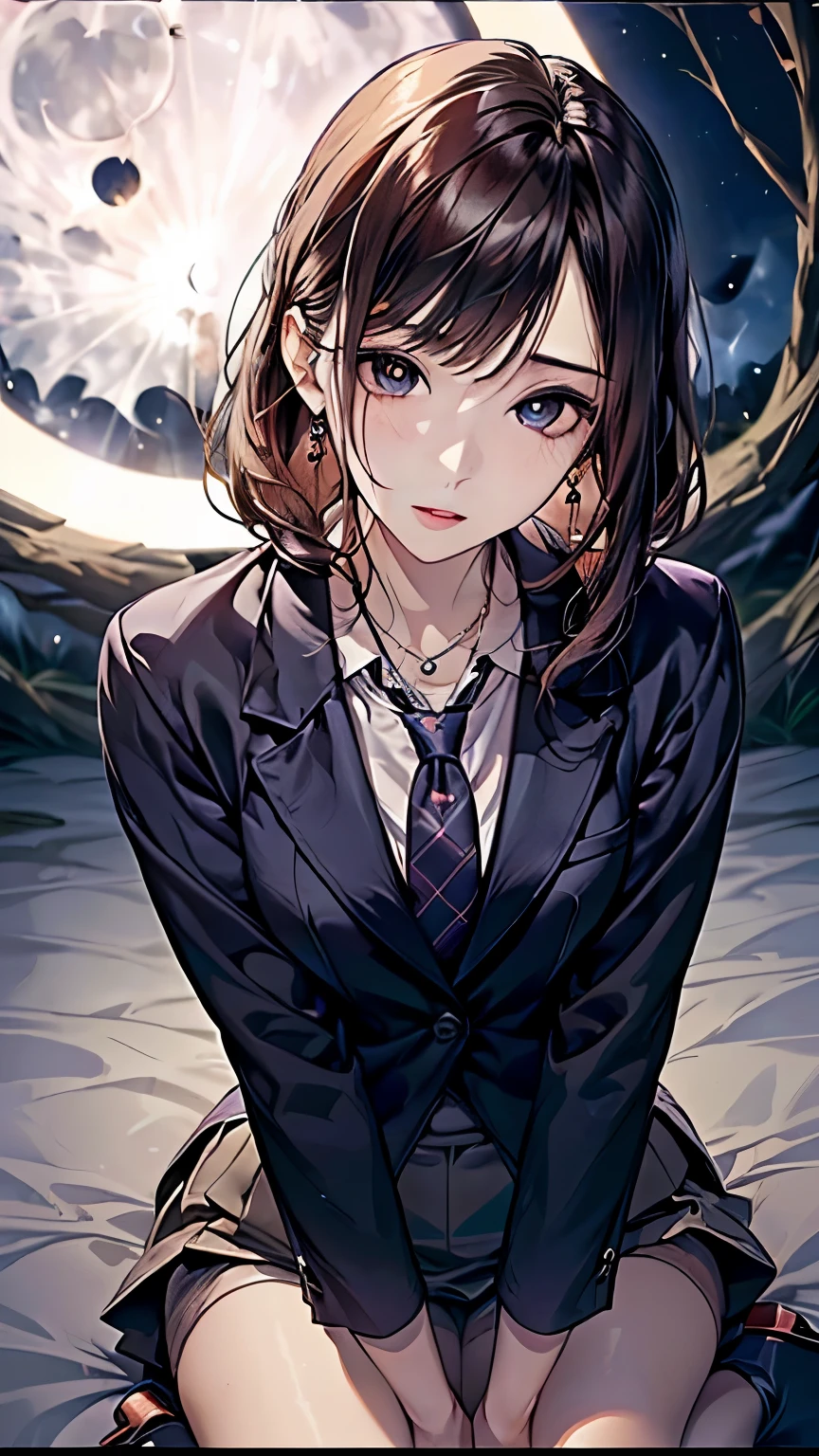 ((Biologically correct number of limbs))、(( Full body photo including face))、4K、((standing position))、masterpiece、((focus on the face))、((Symmetrical facial features))、Eyes of minute description、Beautiful woman、outstanding style、beautiful clavicle、beautiful legs、beautiful hands、slender body、(small ass、thin thighs）、(stockings、high heels）、Detailed depiction of faces、small earrings、necklace、(upper body blazer、shirt、(skirt))、close up of face、lighting to the face、turn one&#39;s face upward、tie、Under the Moonlit Night、