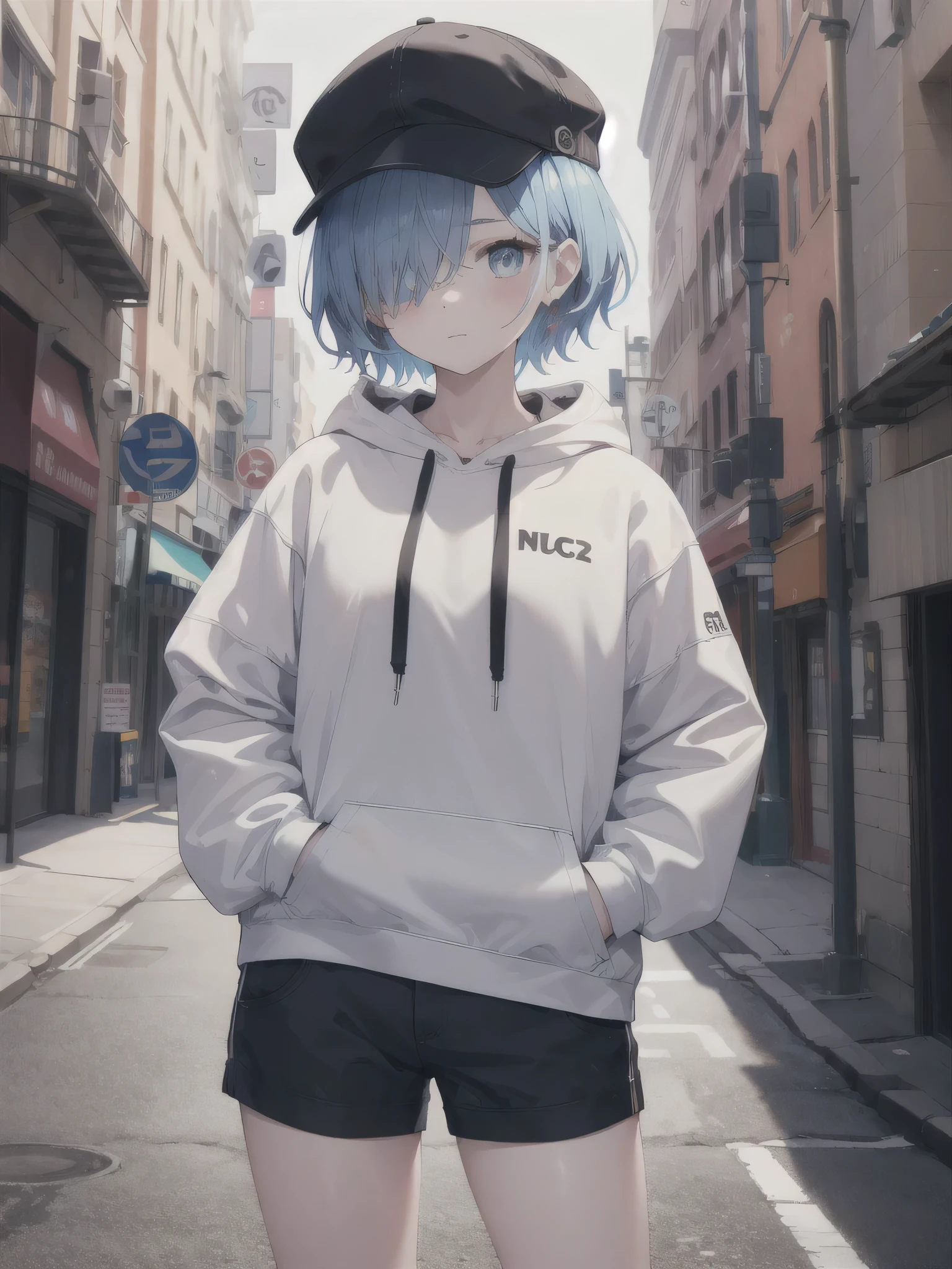 masterpiece,1girl,solo,short hair,blue、one eye is hidden by hair,hoodie, mob cap, street,hand on hip, hand in pocket,looking at the viewer short height The photo shows everything from the head to the thighs.